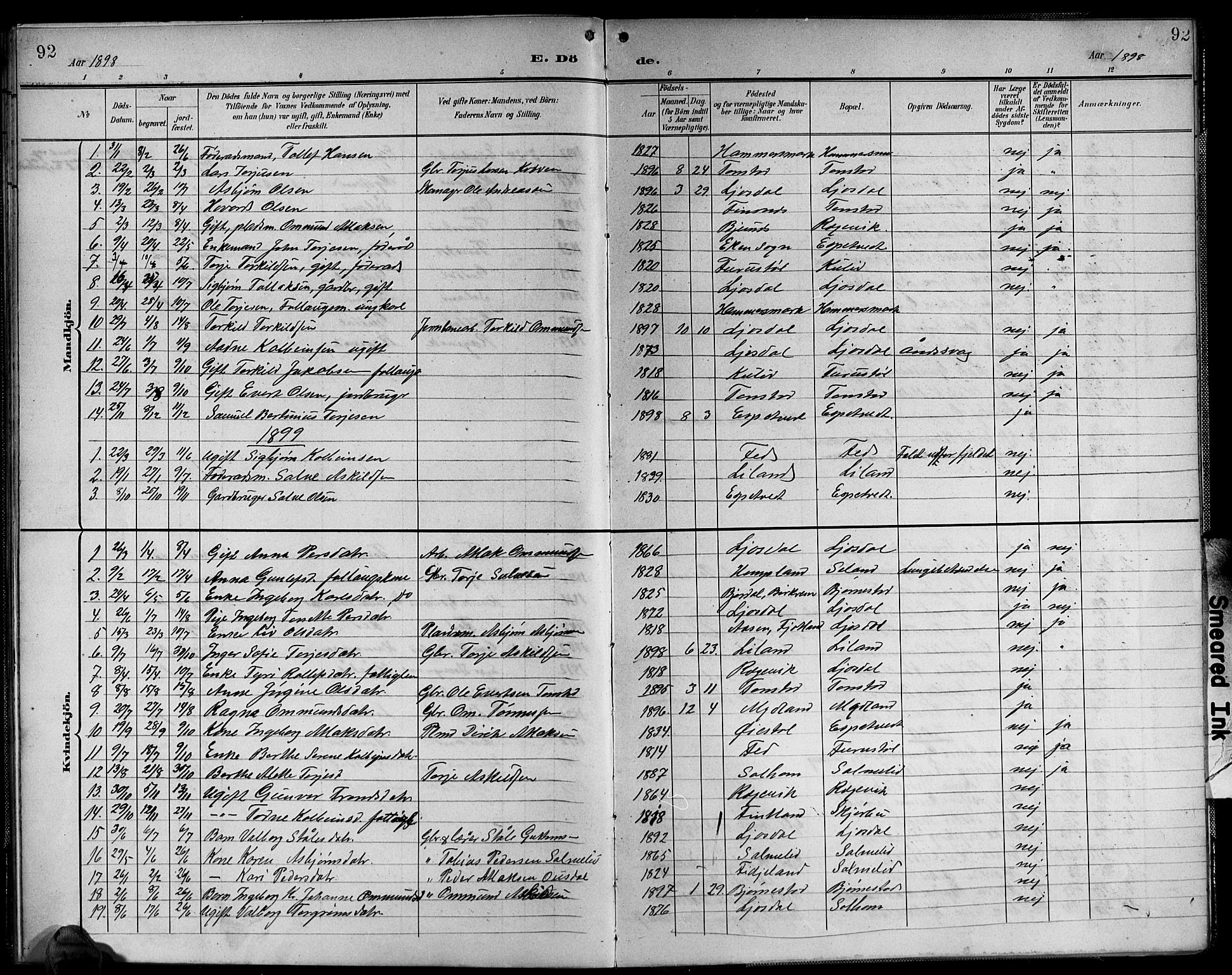Sirdal sokneprestkontor, SAK/1111-0036/F/Fb/Fbb/L0004: Parish register (copy) no. B 4, 1895-1916, p. 92
