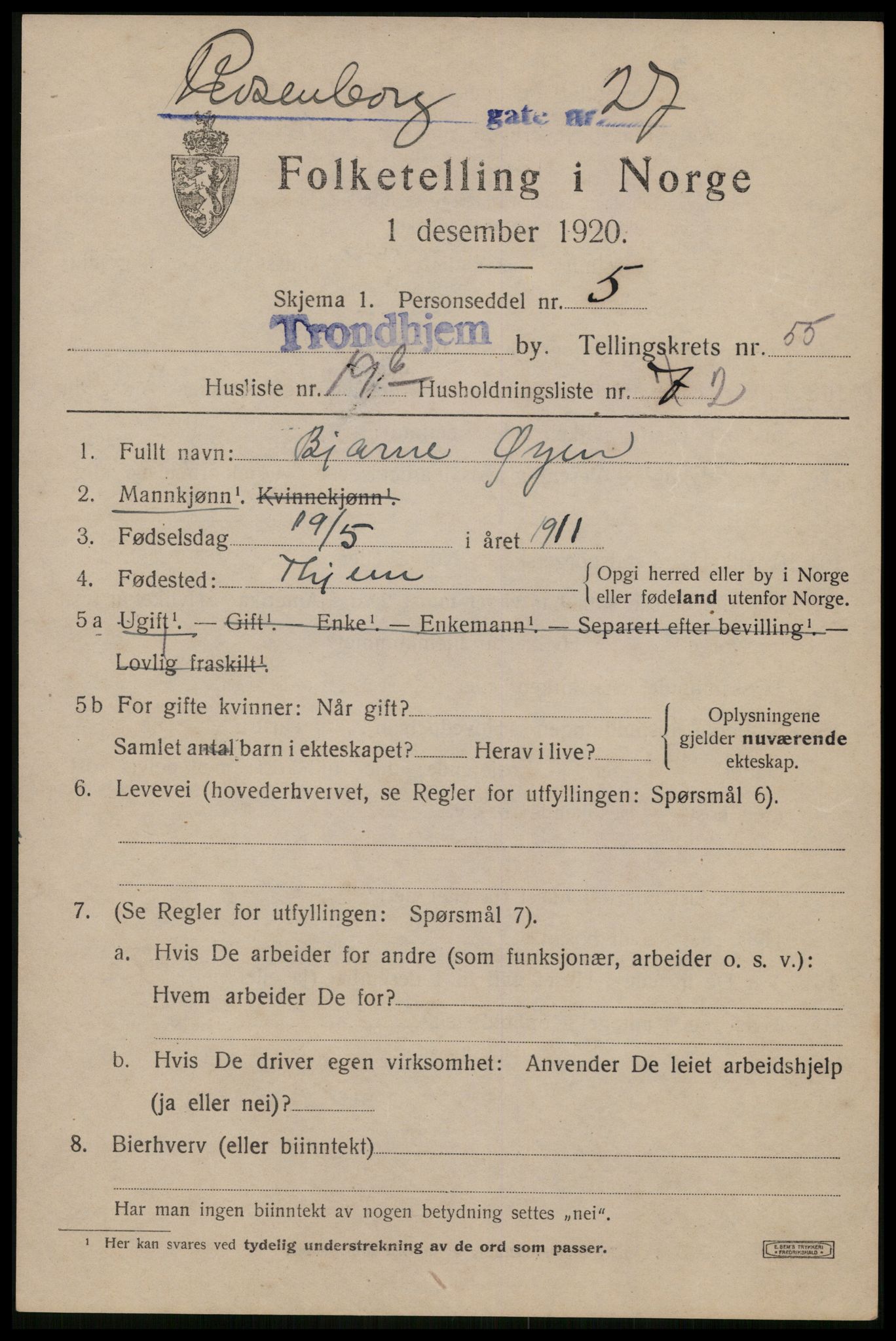 SAT, 1920 census for Trondheim, 1920, p. 112734