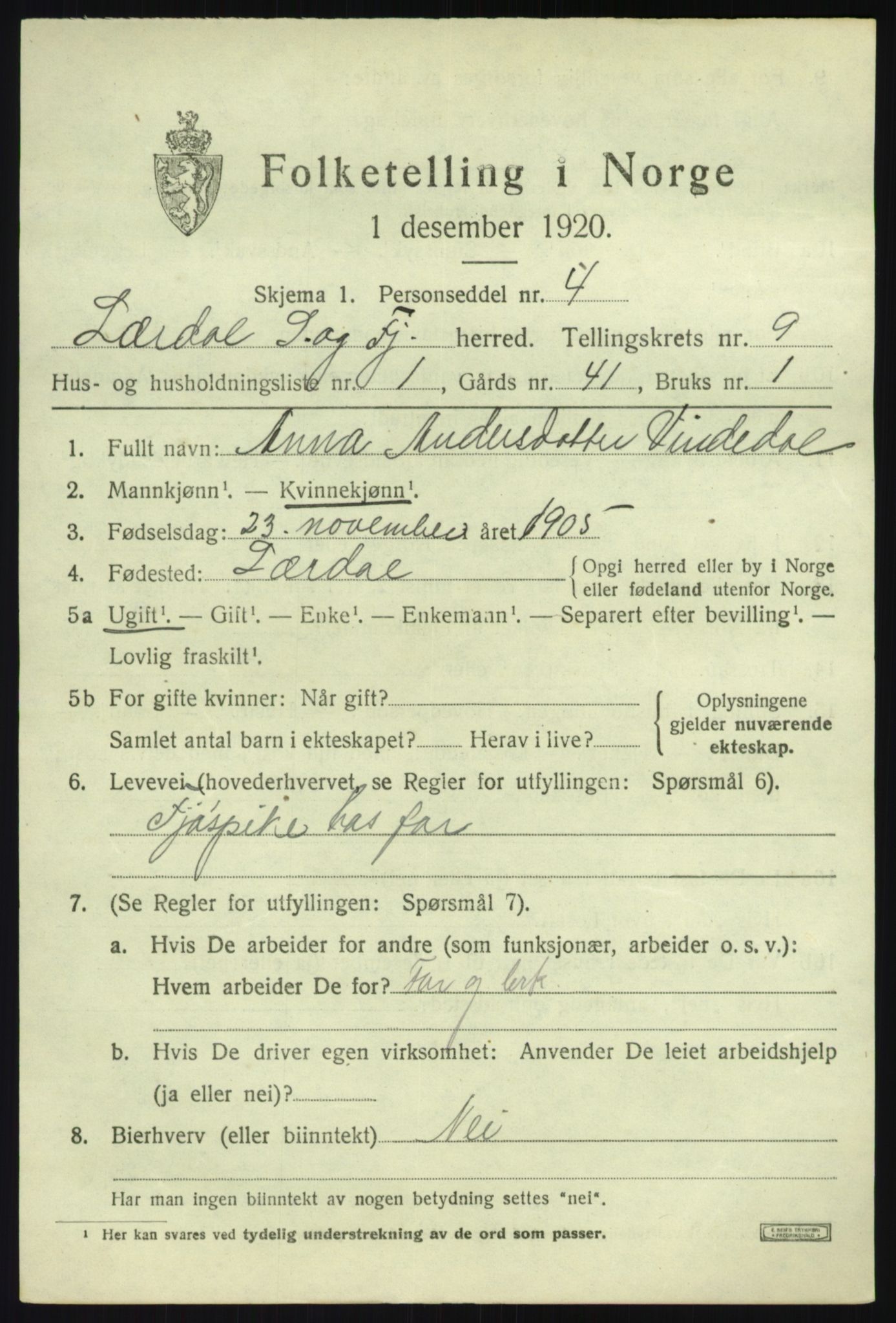 SAB, 1920 census for Lærdal, 1920, p. 4256