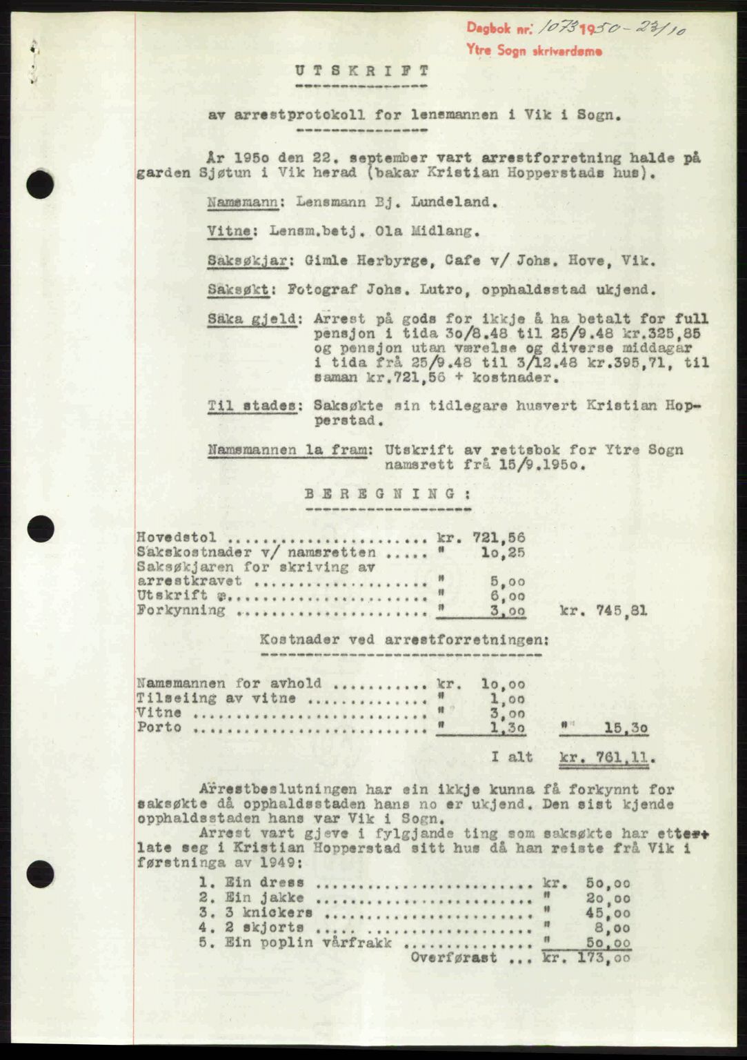 Ytre Sogn tingrett, SAB/A-2601/1/G/Gbb/L0009: Mortgage book no. A6 - A7 (B4), 1950-1950, Diary no: : 1073/1950