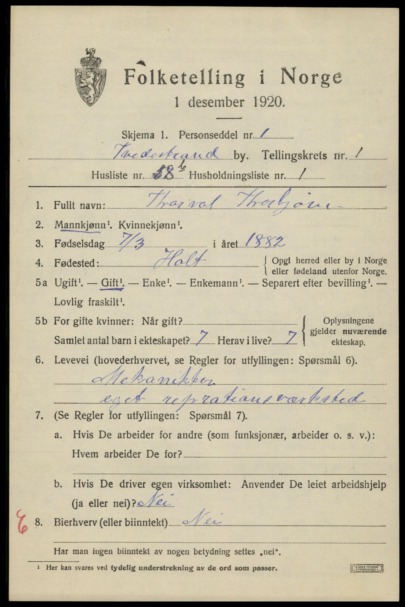 SAK, 1920 census for Tvedestrand, 1920, p. 1969