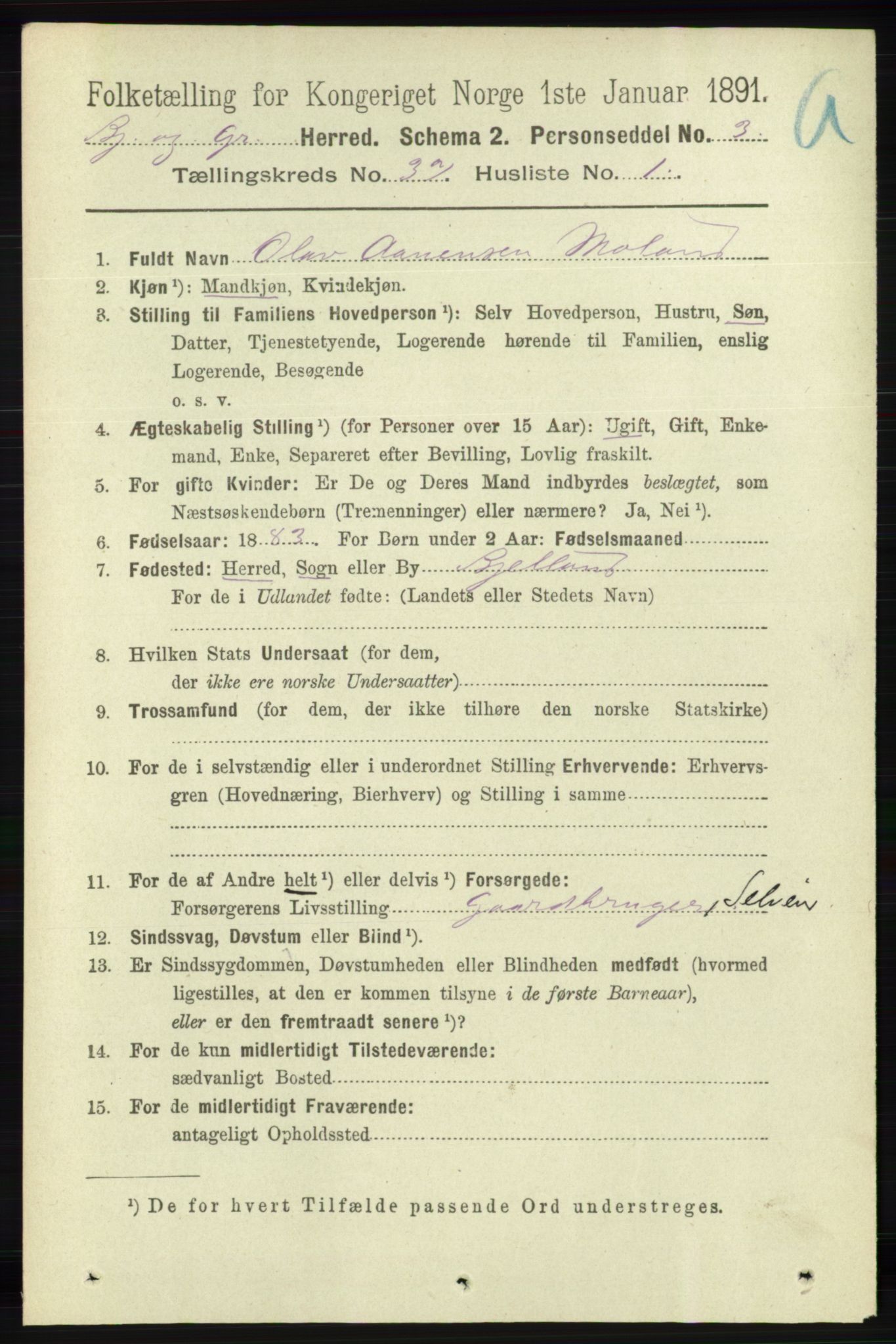 RA, 1891 census for 1024 Bjelland og Grindheim, 1891, p. 1461