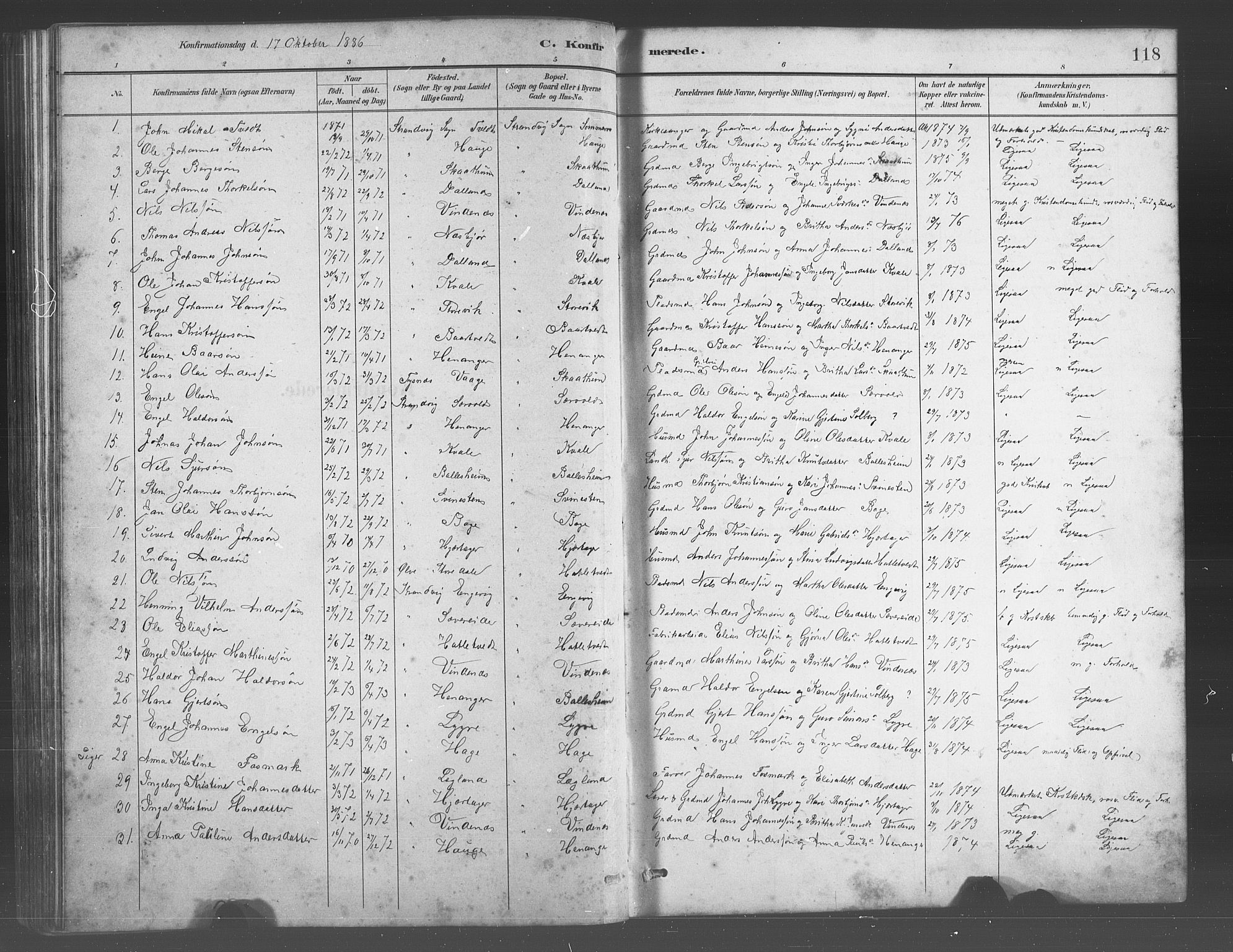 Fusa sokneprestembete, SAB/A-75401/H/Hab: Parish register (copy) no. C 2, 1886-1926, p. 118