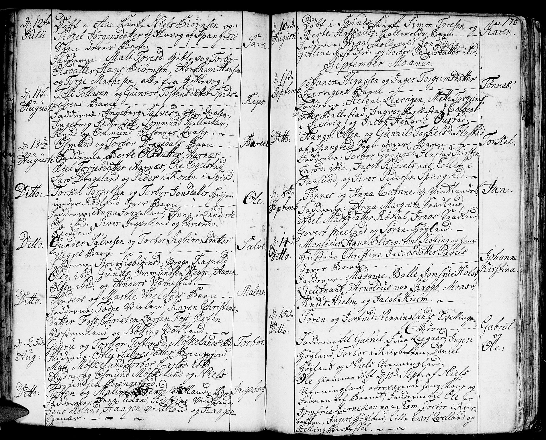 Lyngdal sokneprestkontor, AV/SAK-1111-0029/F/Fa/Fac/L0001: Parish register (official) no. A 1, 1727-1779, p. 170