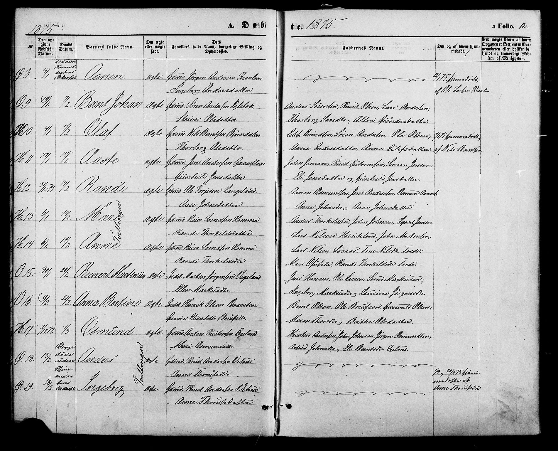 Vennesla sokneprestkontor, AV/SAK-1111-0045/Fa/Fac/L0008: Parish register (official) no. A 8, 1874-1883, p. 12