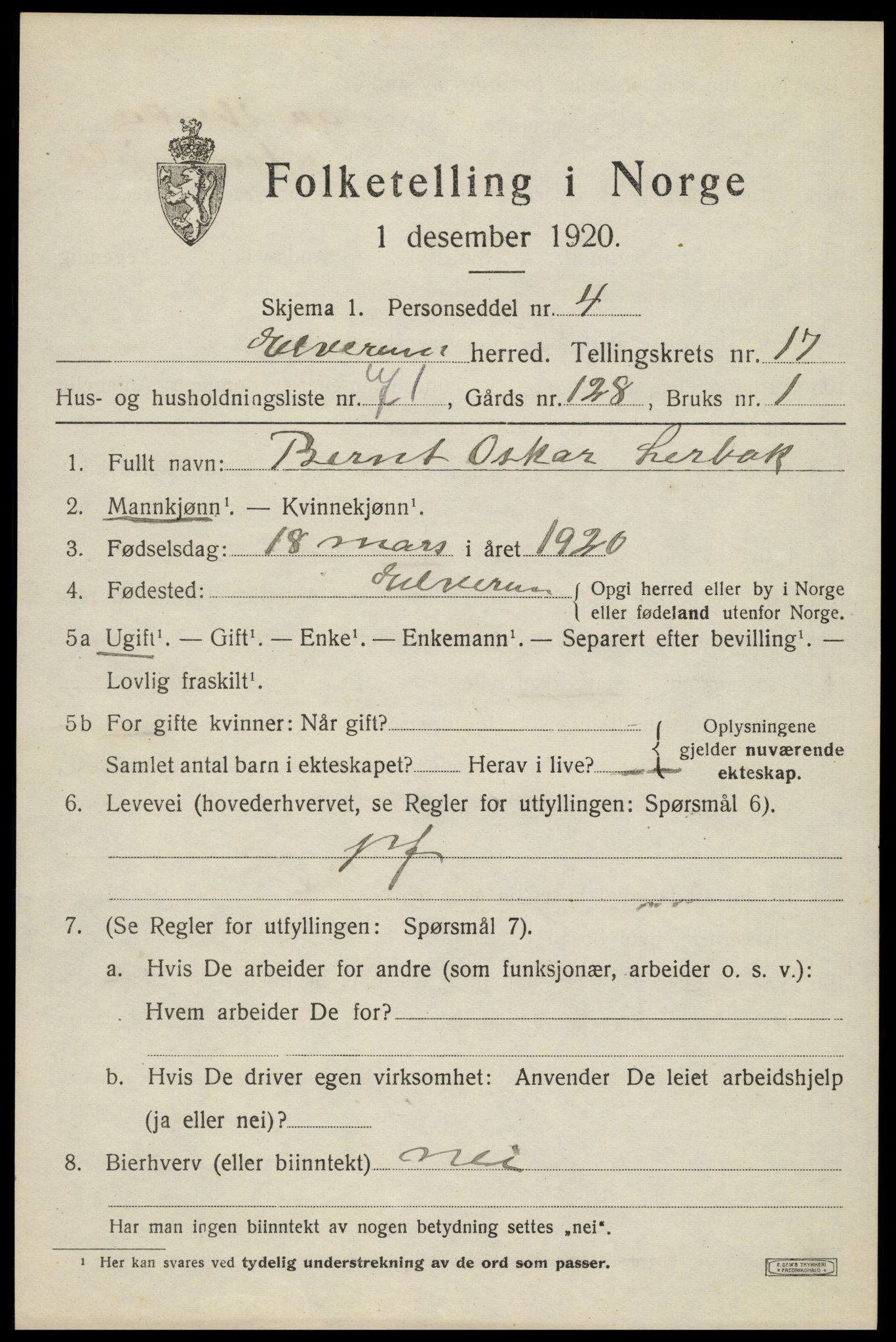 SAH, 1920 census for Elverum, 1920, p. 22082