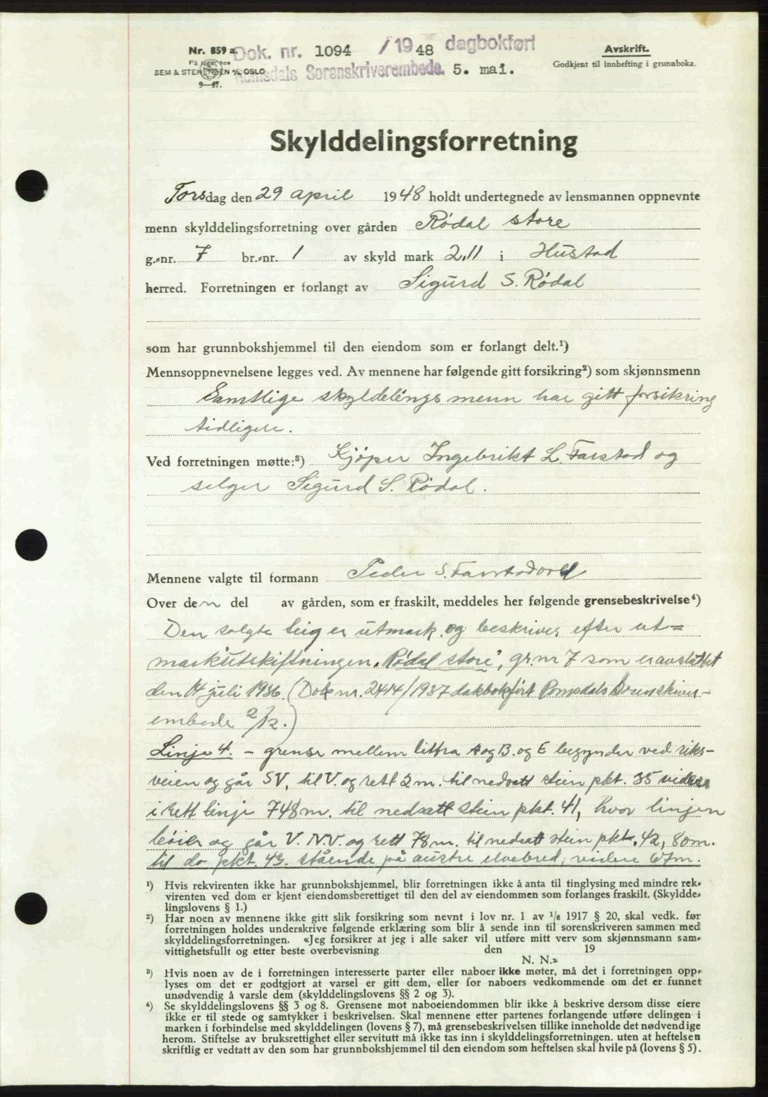 Romsdal sorenskriveri, AV/SAT-A-4149/1/2/2C: Mortgage book no. A26, 1948-1948, Diary no: : 1094/1948