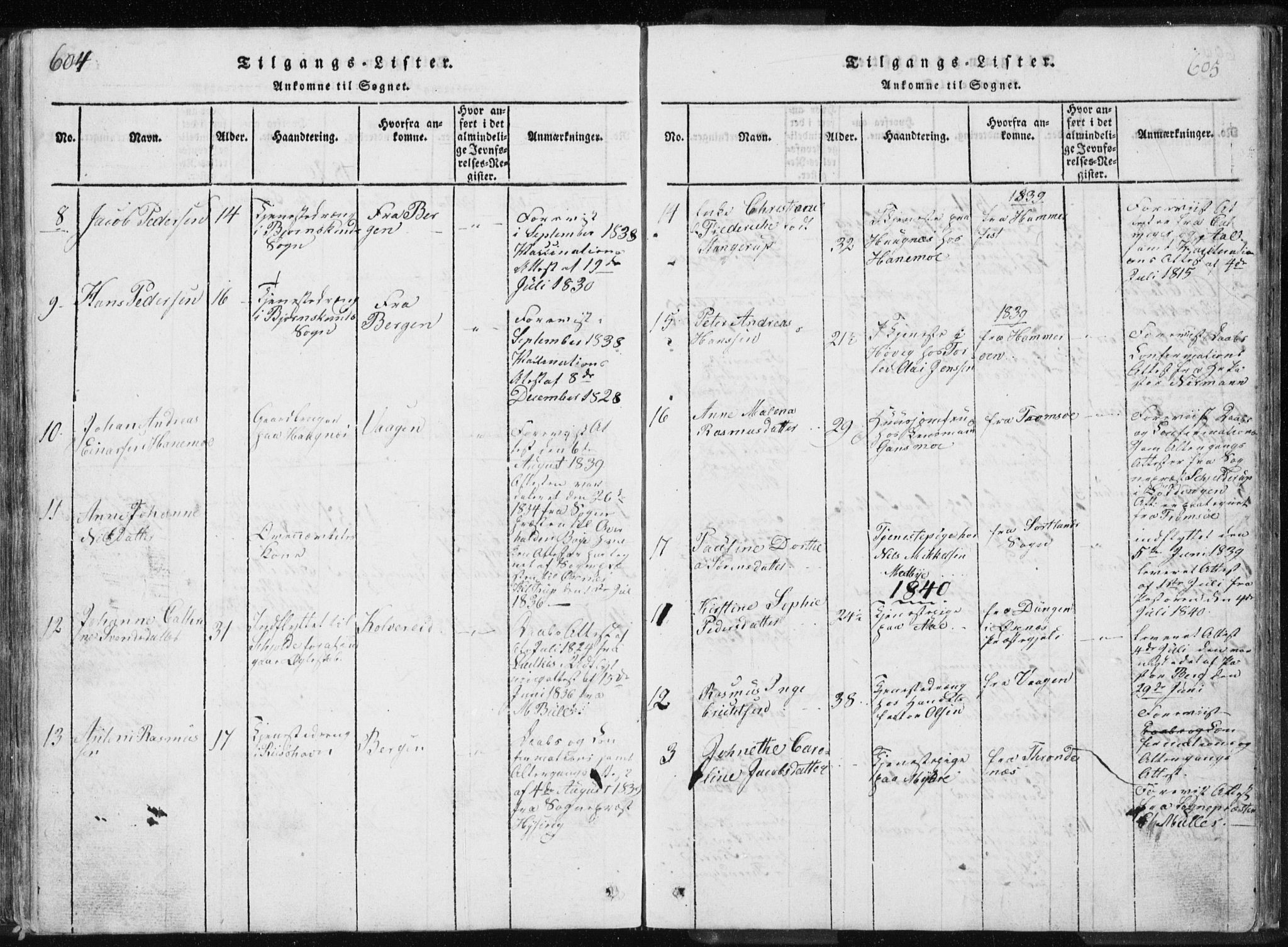 Ministerialprotokoller, klokkerbøker og fødselsregistre - Nordland, SAT/A-1459/897/L1411: Parish register (copy) no. 897C01, 1820-1866, p. 604-605