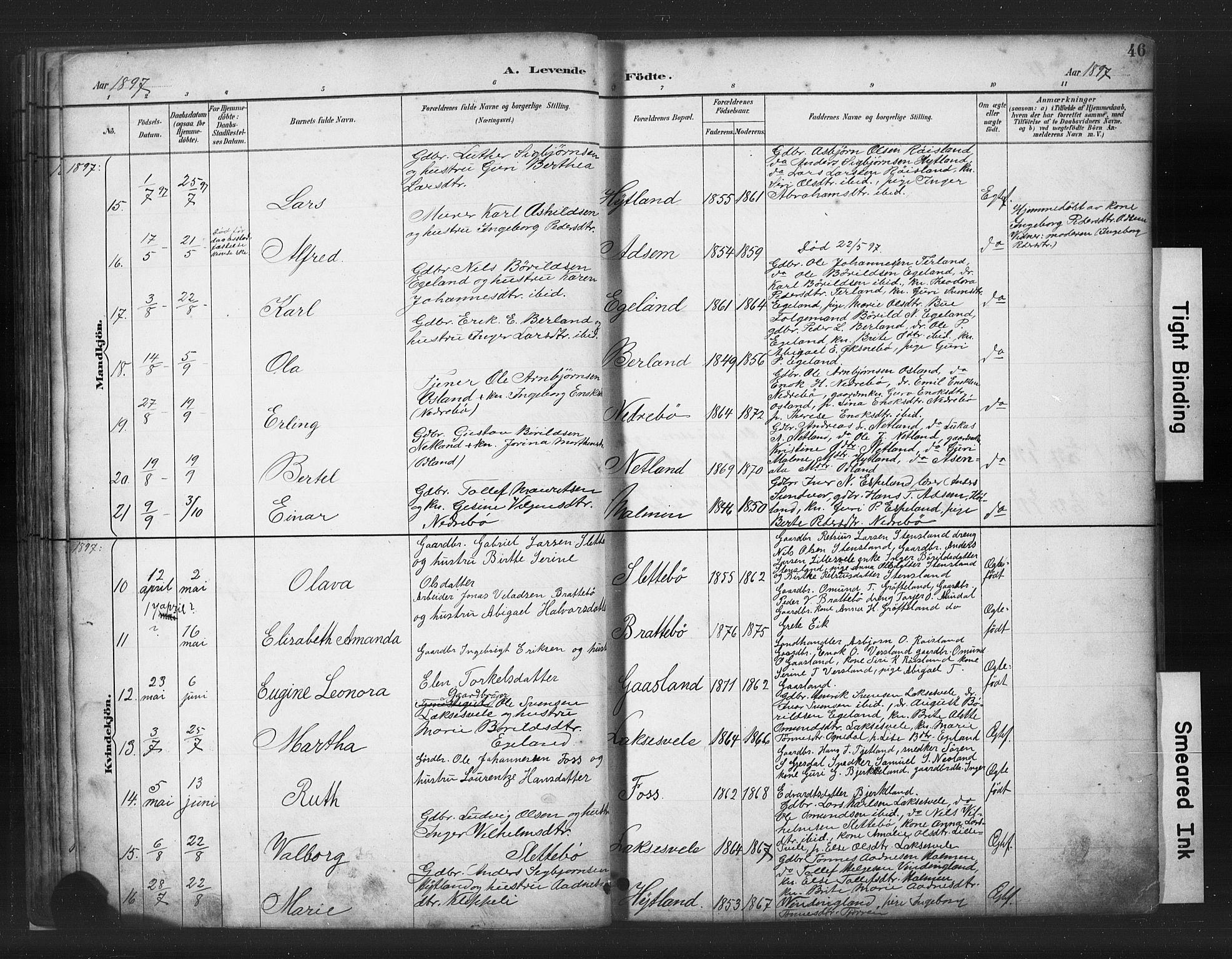 Helleland sokneprestkontor, SAST/A-101810: Parish register (copy) no. B 5, 1887-1908, p. 46