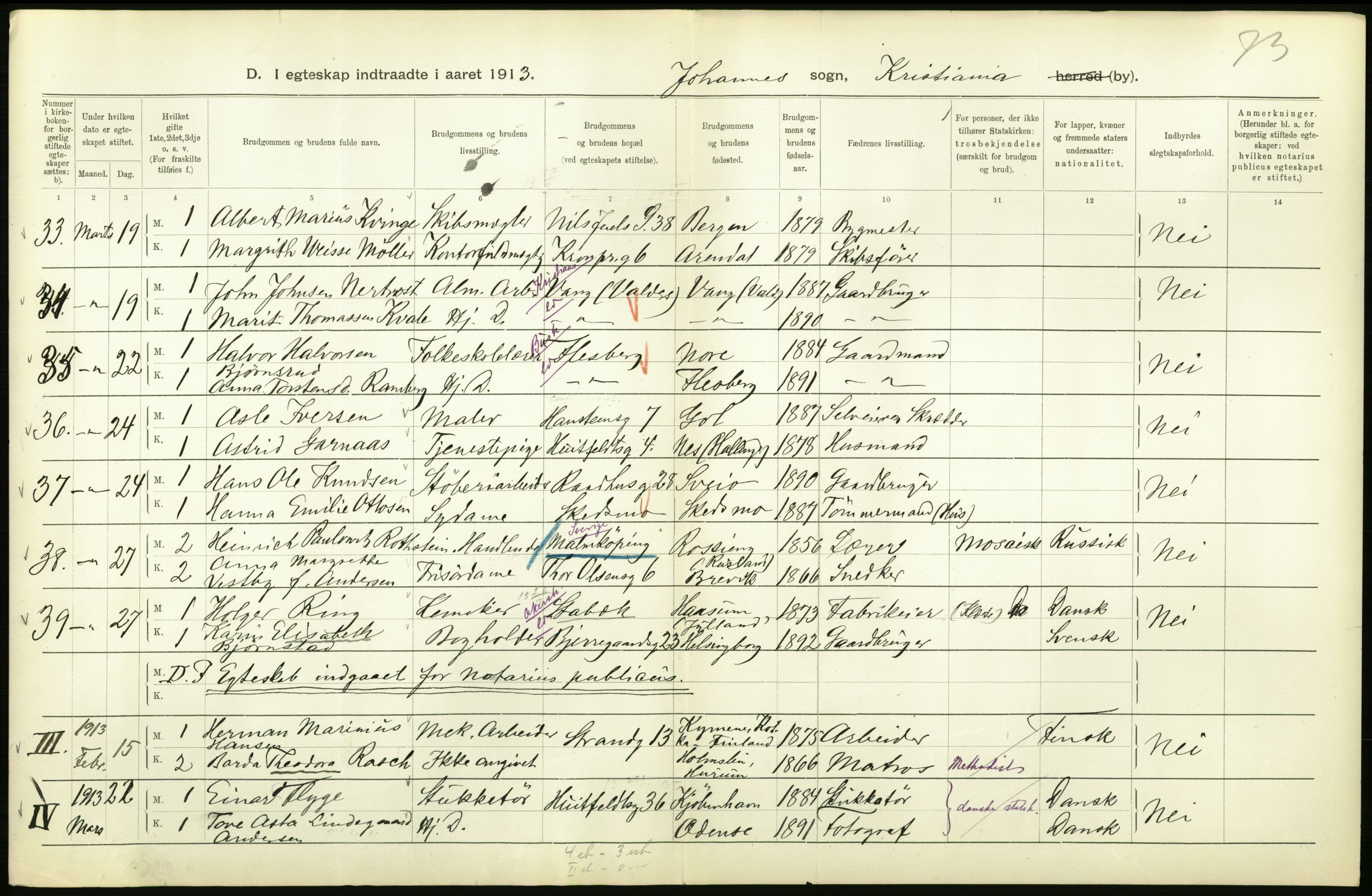 Statistisk sentralbyrå, Sosiodemografiske emner, Befolkning, AV/RA-S-2228/D/Df/Dfb/Dfbc/L0008: Kristiania: Gifte., 1913, p. 746