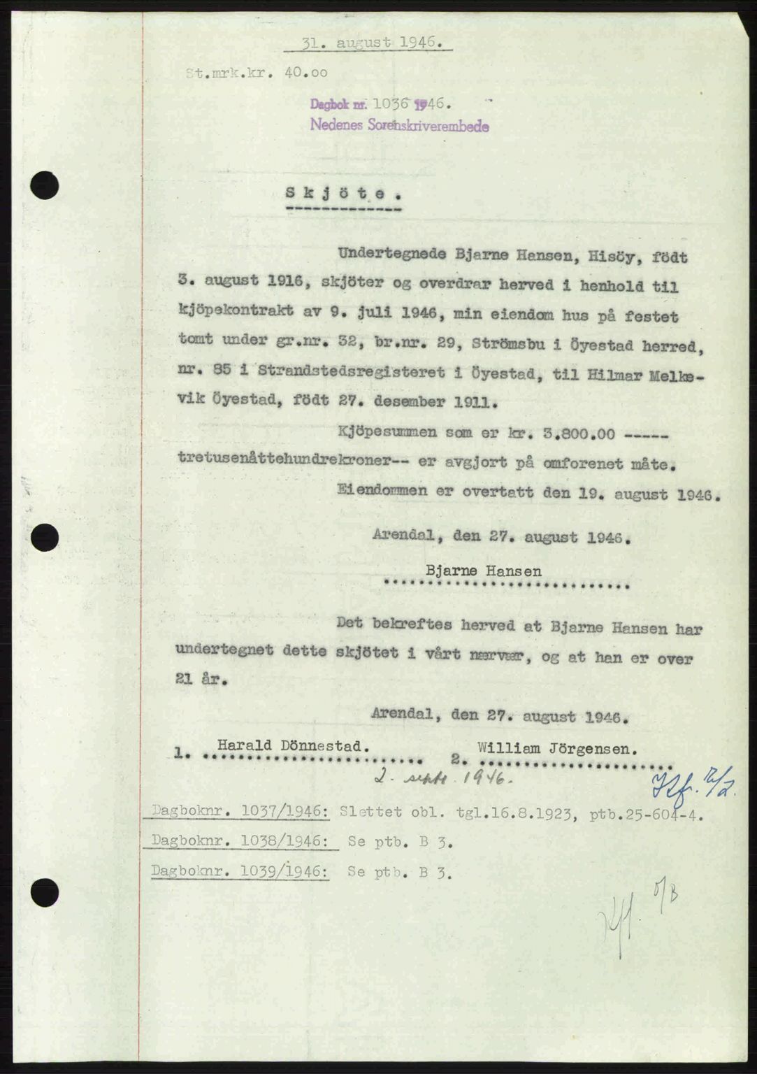 Nedenes sorenskriveri, AV/SAK-1221-0006/G/Gb/Gba/L0056: Mortgage book no. A8, 1946-1947, Diary no: : 1036/1946