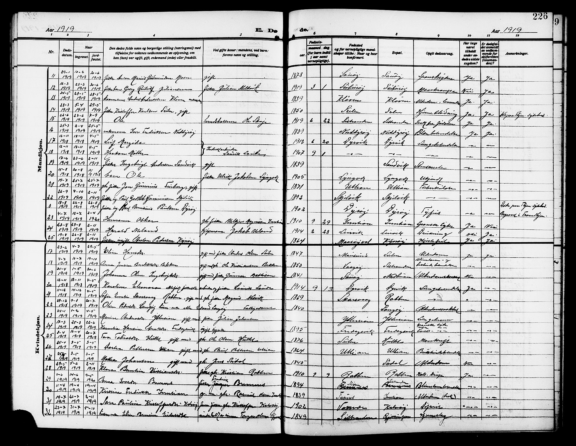 Ministerialprotokoller, klokkerbøker og fødselsregistre - Sør-Trøndelag, SAT/A-1456/640/L0588: Parish register (copy) no. 640C05, 1909-1922, p. 226