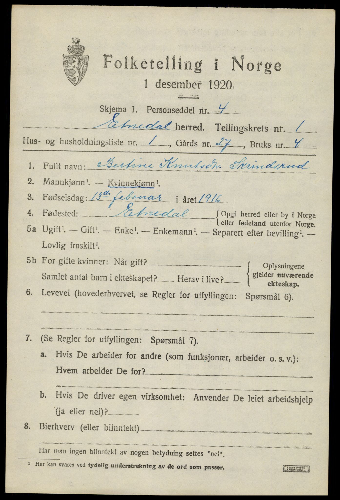 SAH, 1920 census for Etnedal, 1920, p. 796