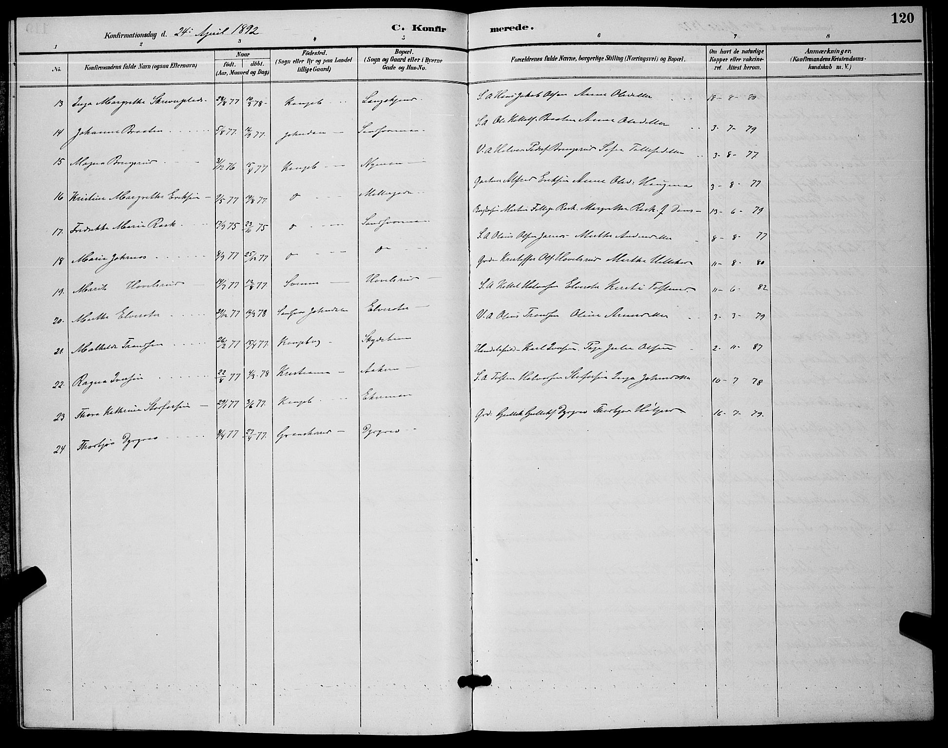 Kongsberg kirkebøker, SAKO/A-22/G/Ga/L0006: Parish register (copy) no. 6, 1890-1901, p. 120