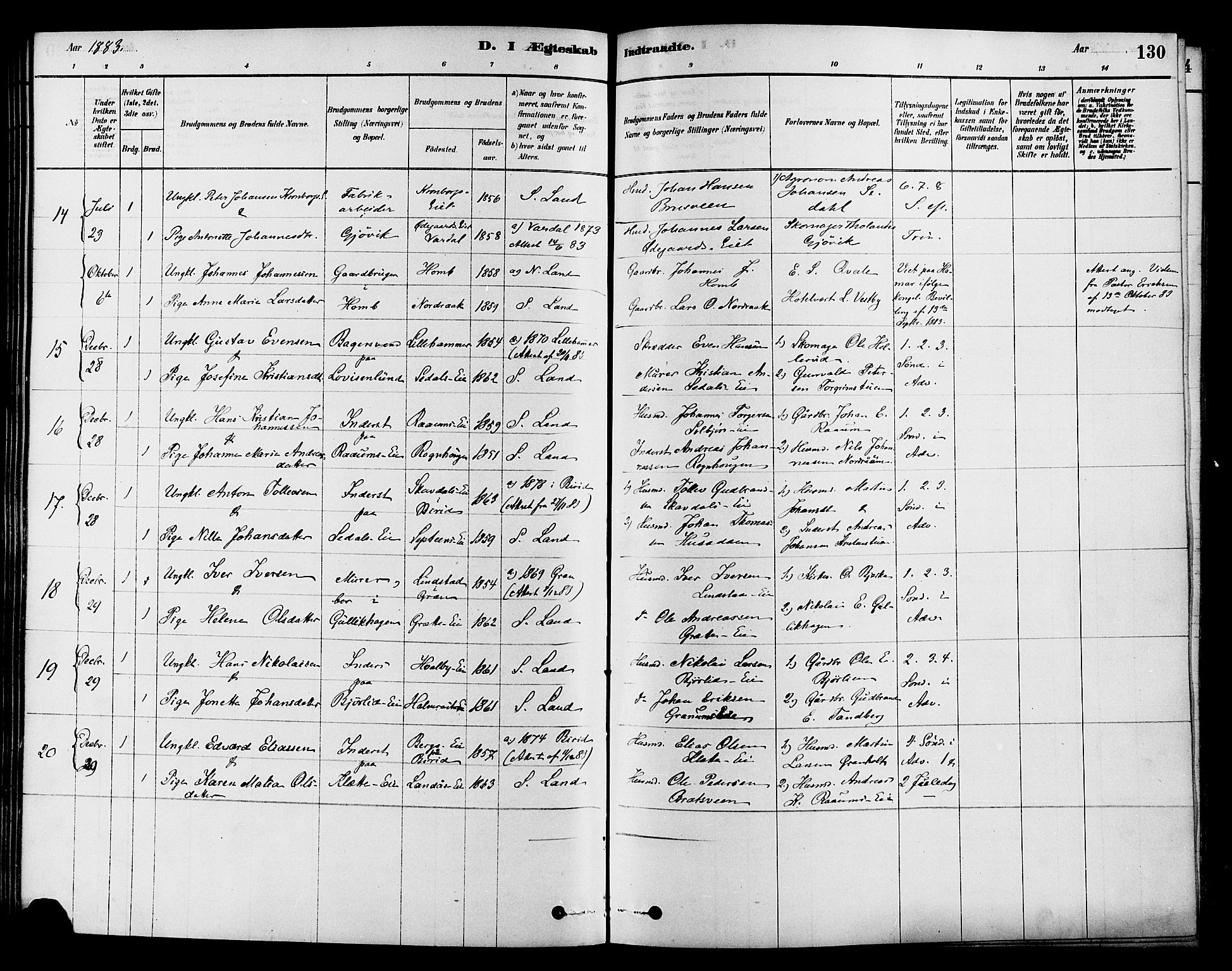 Søndre Land prestekontor, SAH/PREST-122/K/L0002: Parish register (official) no. 2, 1878-1894, p. 130