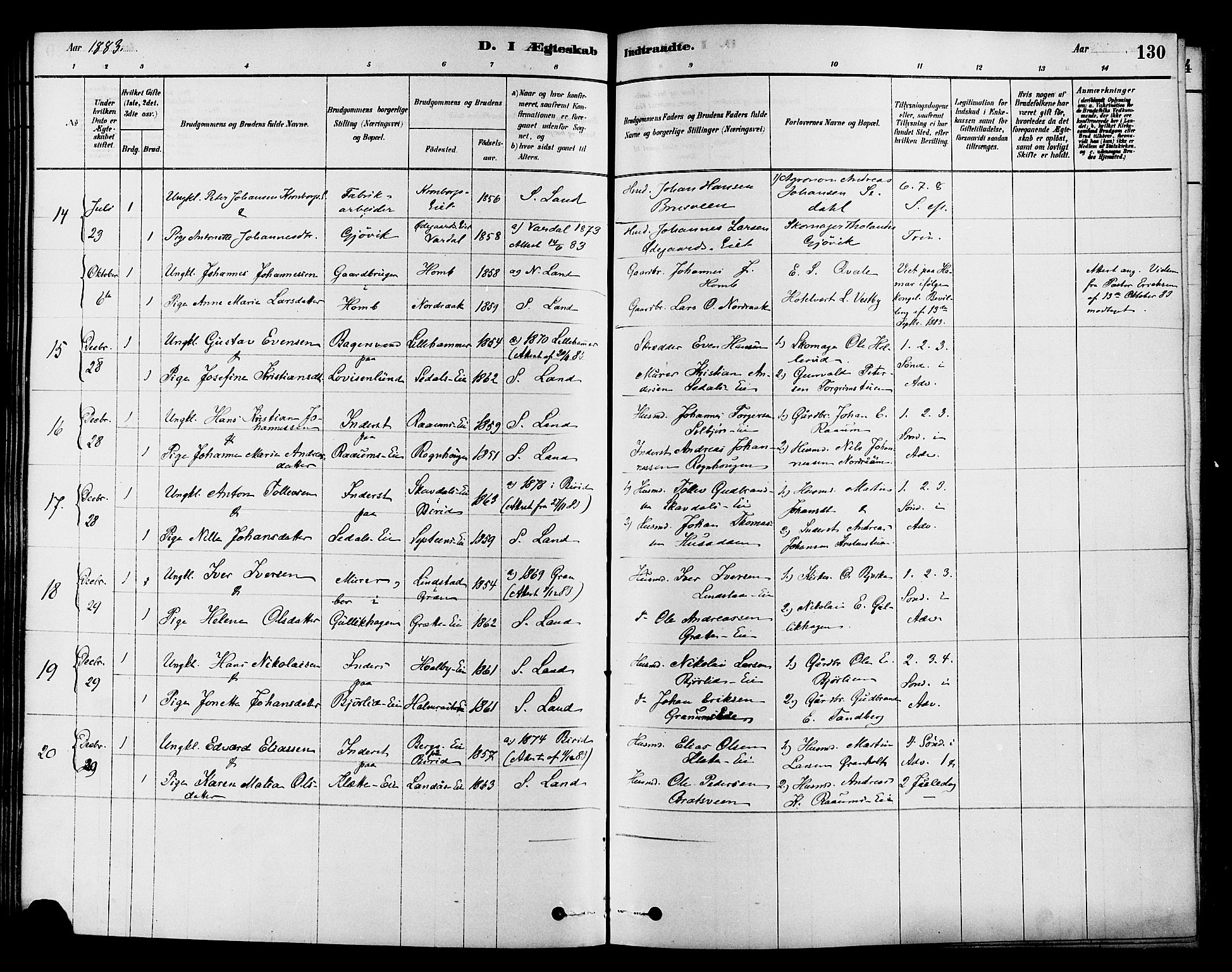 Søndre Land prestekontor, AV/SAH-PREST-122/K/L0002: Parish register (official) no. 2, 1878-1894, p. 130