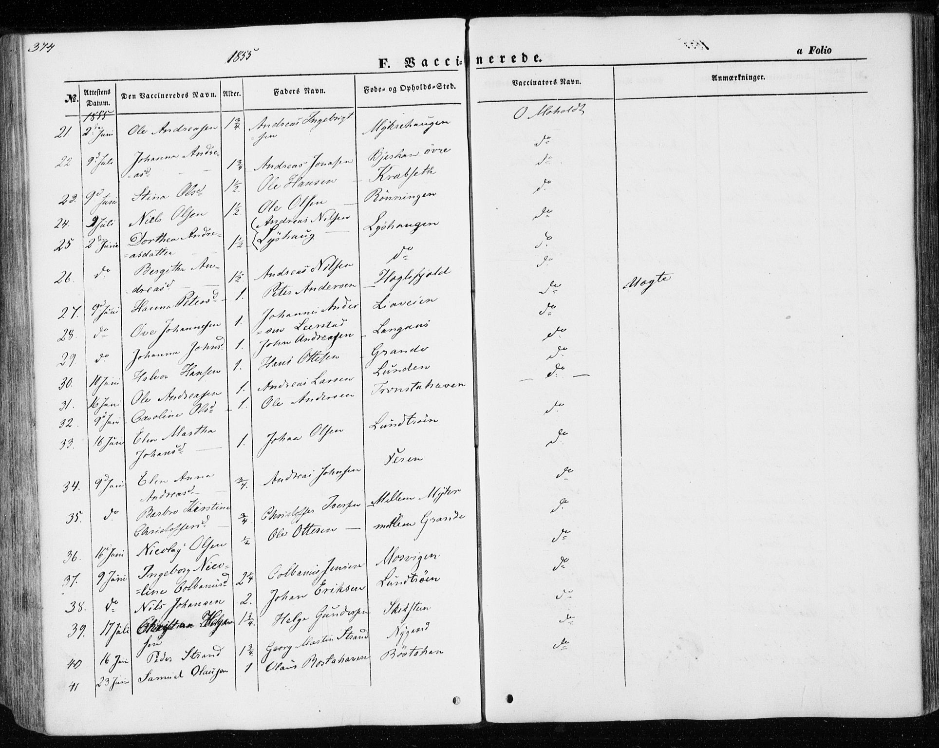 Ministerialprotokoller, klokkerbøker og fødselsregistre - Nord-Trøndelag, SAT/A-1458/701/L0008: Parish register (official) no. 701A08 /1, 1854-1863, p. 374