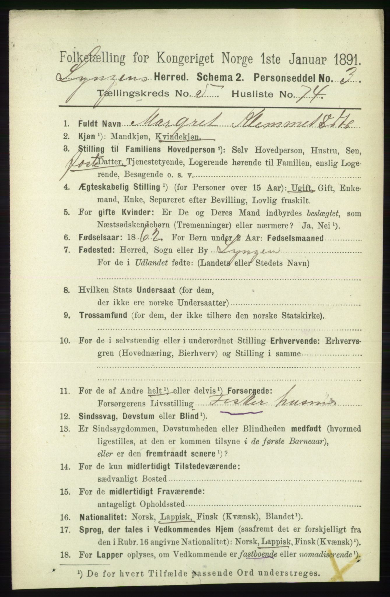 RA, 1891 census for 1938 Lyngen, 1891, p. 4899