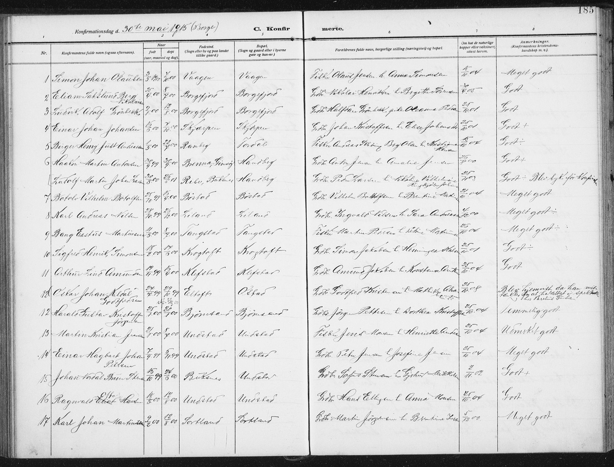Ministerialprotokoller, klokkerbøker og fødselsregistre - Nordland, SAT/A-1459/880/L1135: Parish register (official) no. 880A09, 1908-1919, p. 185