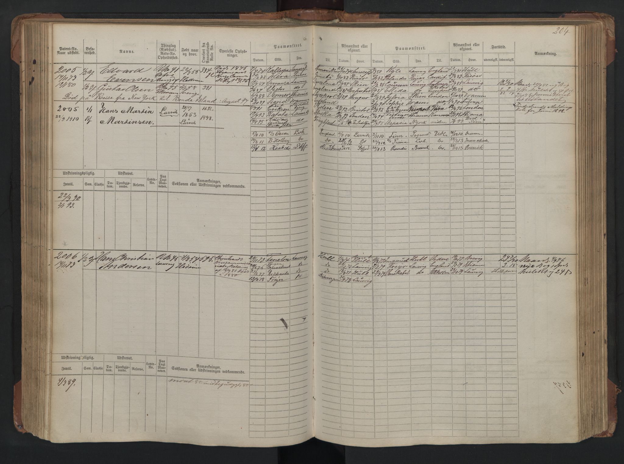 Larvik innrulleringskontor, SAKO/A-787/F/Fc/L0005: Hovedrulle, 1868, p. 204