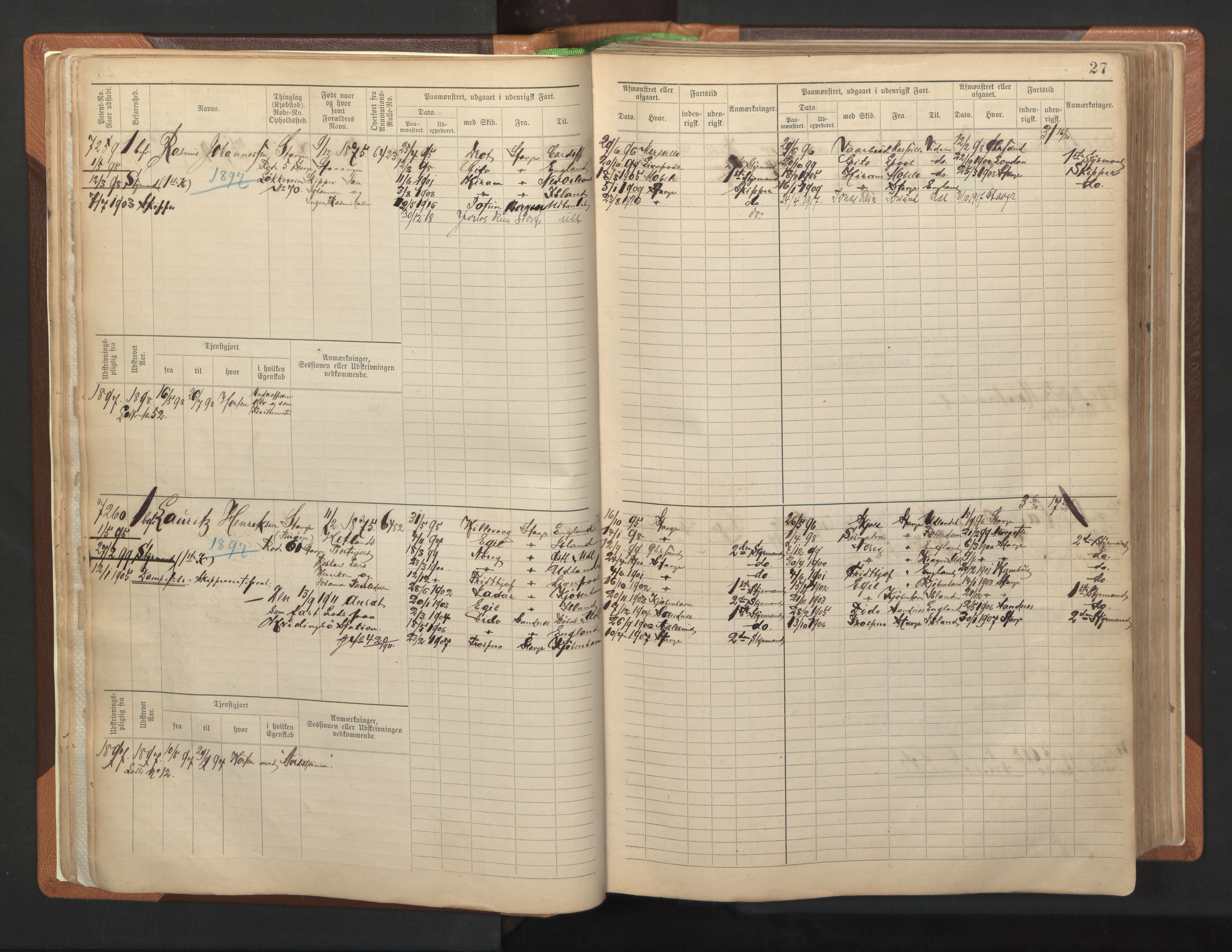 Stavanger sjømannskontor, AV/SAST-A-102006/F/Fb/Fbb/L0012: Sjøfartshovedrulle, patentnr. 7207-8158, 1894-1904, p. 30