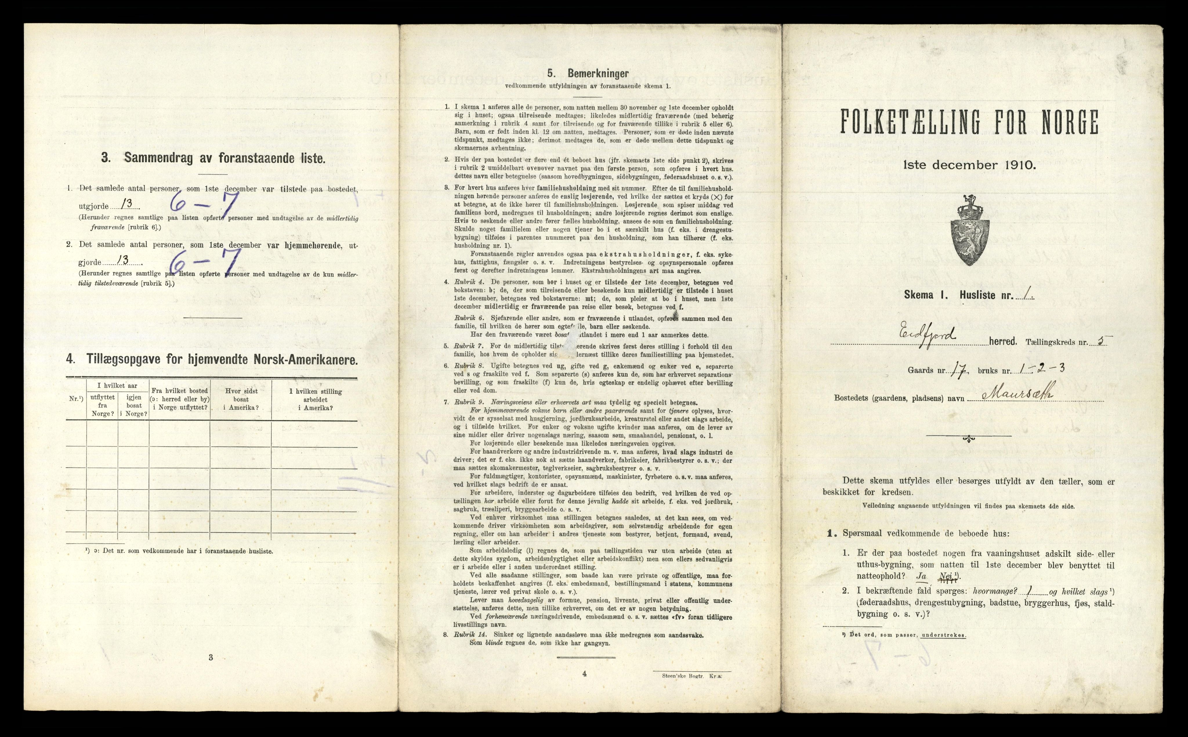 RA, 1910 census for Eidfjord, 1910, p. 427