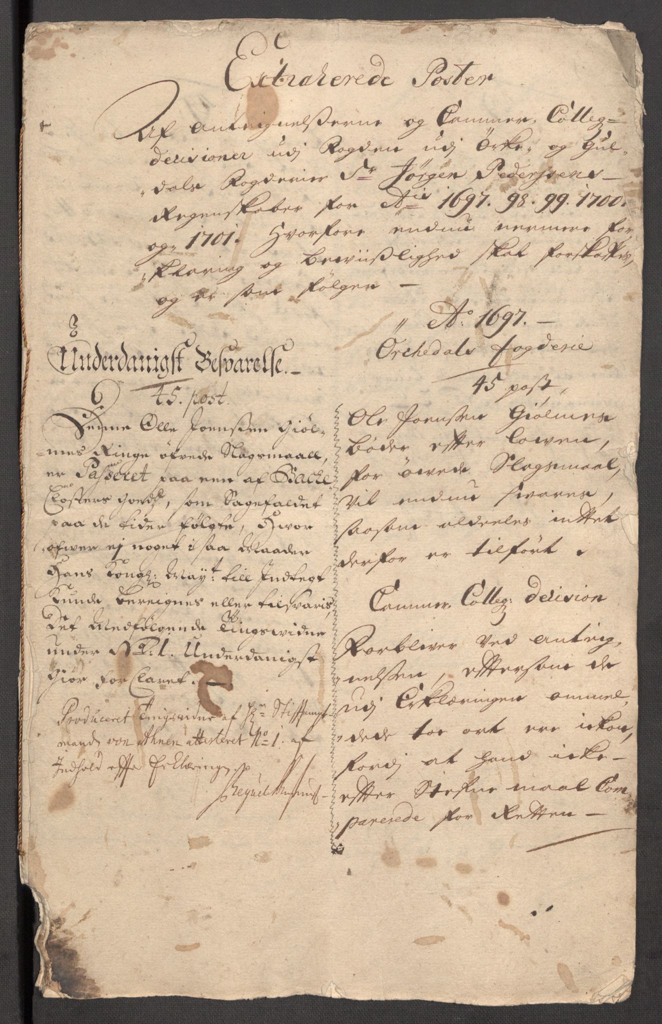 Rentekammeret inntil 1814, Reviderte regnskaper, Fogderegnskap, AV/RA-EA-4092/R60/L3951: Fogderegnskap Orkdal og Gauldal, 1701, p. 452