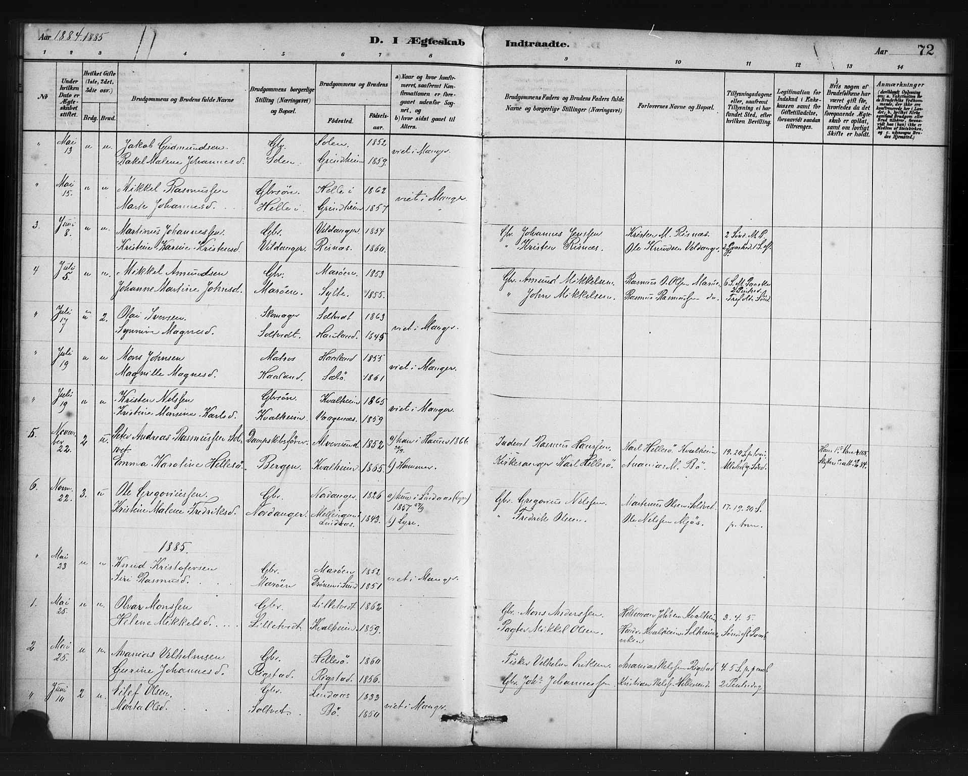 Manger sokneprestembete, AV/SAB-A-76801/H/Haa: Parish register (official) no. C 1, 1881-1890, p. 72