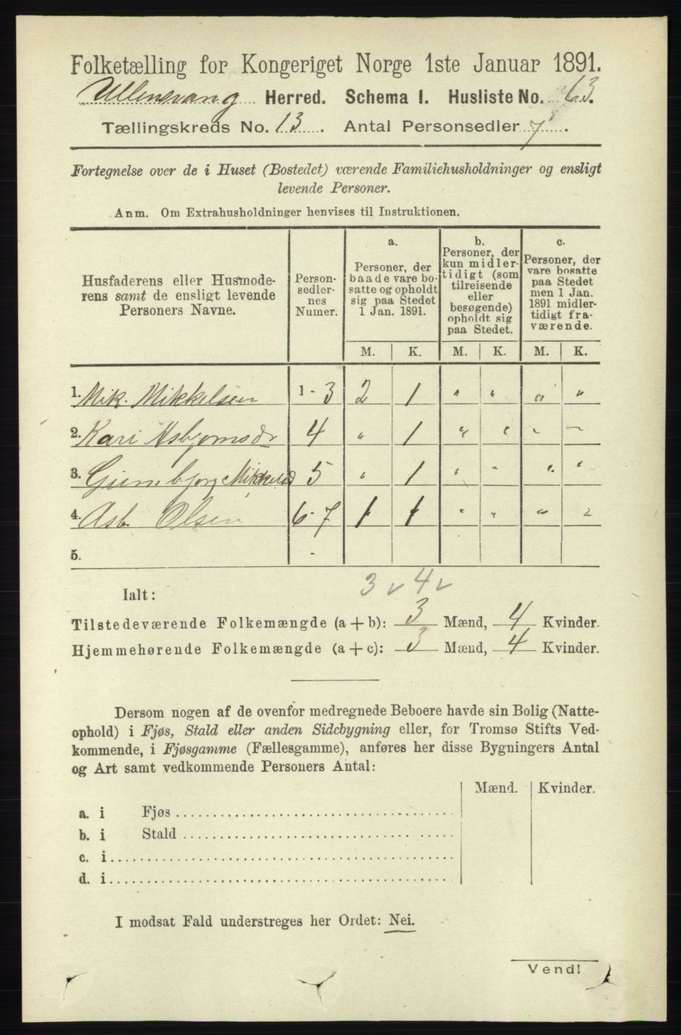 RA, 1891 census for 1230 Ullensvang, 1891, p. 5084