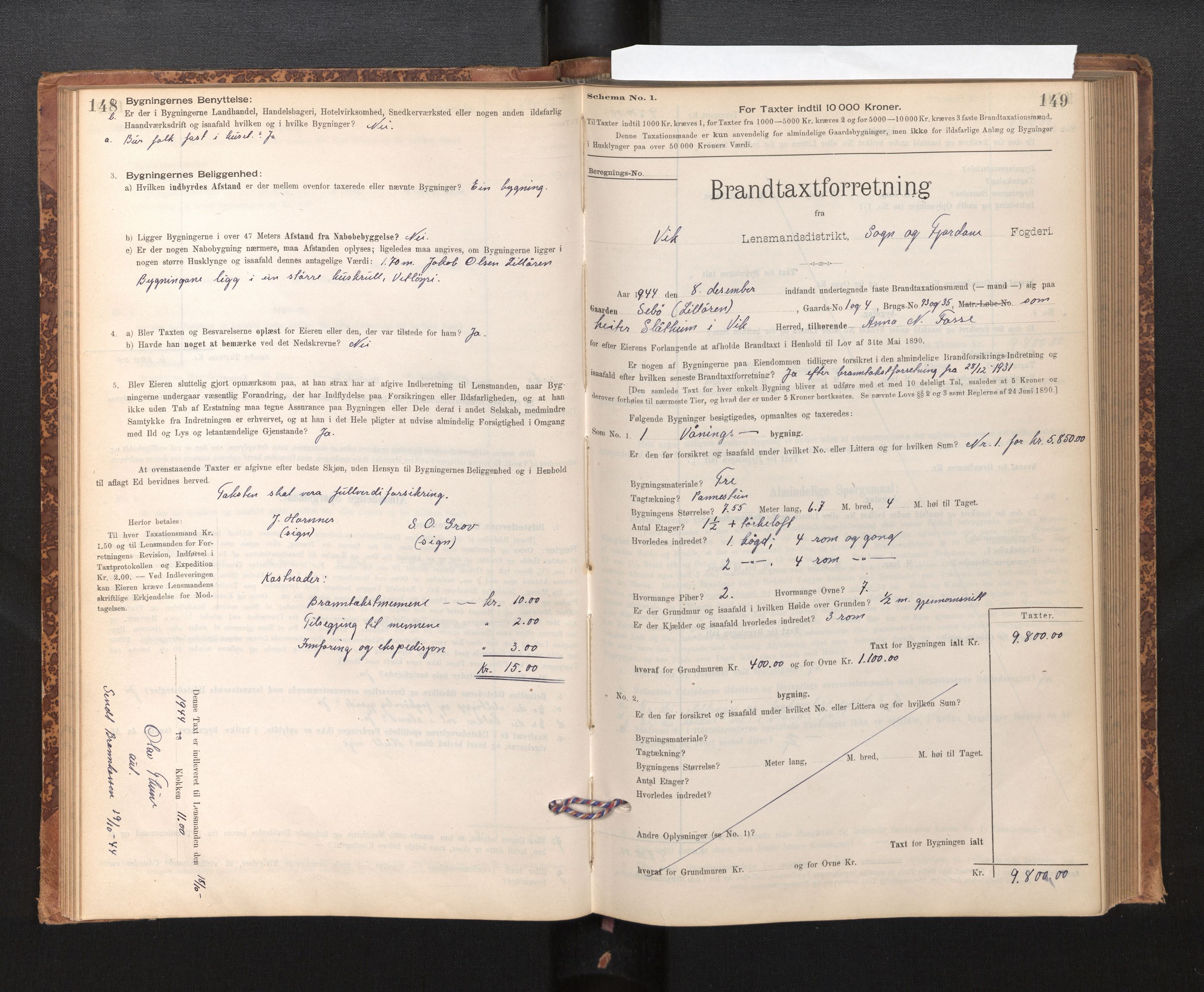 Lensmannen i Vik, SAB/A-30301/0012/L0006: Branntakstprotokoll, skjematakst, 1896-1949, p. 148-149