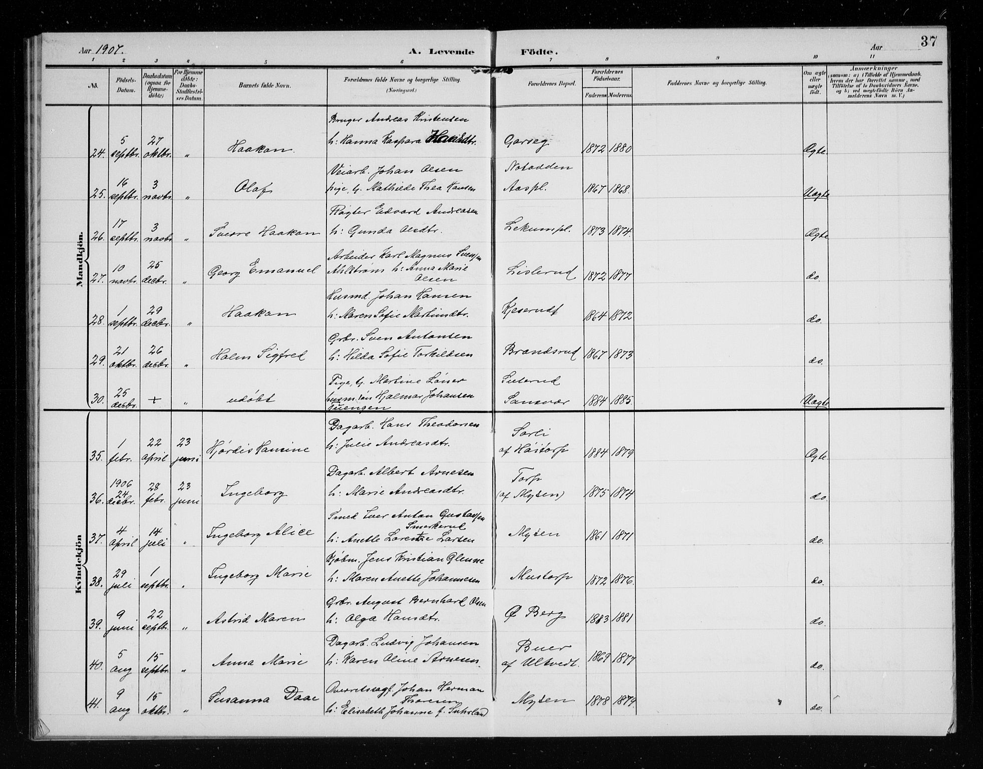 Eidsberg prestekontor Kirkebøker, AV/SAO-A-10905/G/Ga/L0002: Parish register (copy) no. I 2, 1903-1913, p. 37