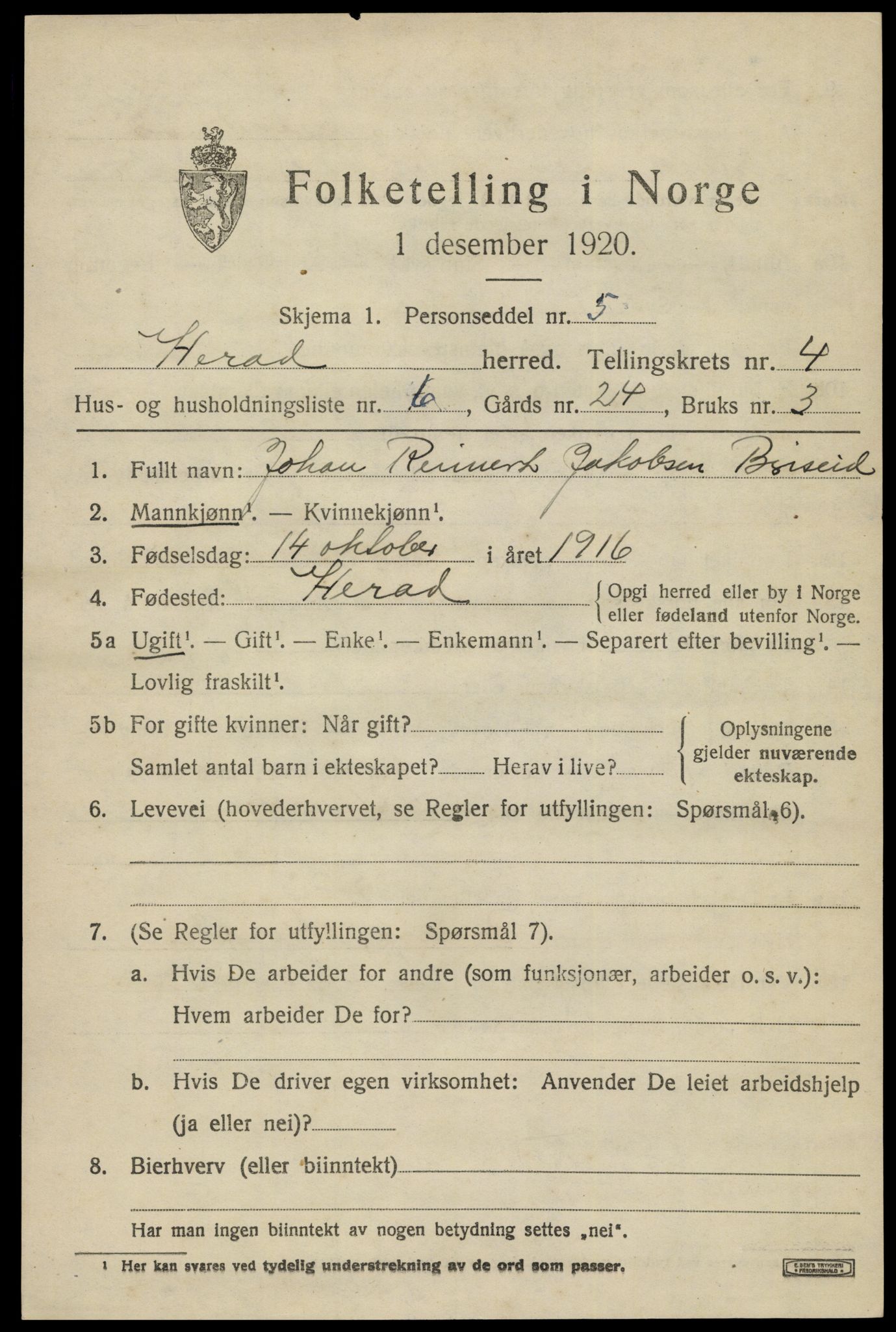 SAK, 1920 census for Herad, 1920, p. 1786