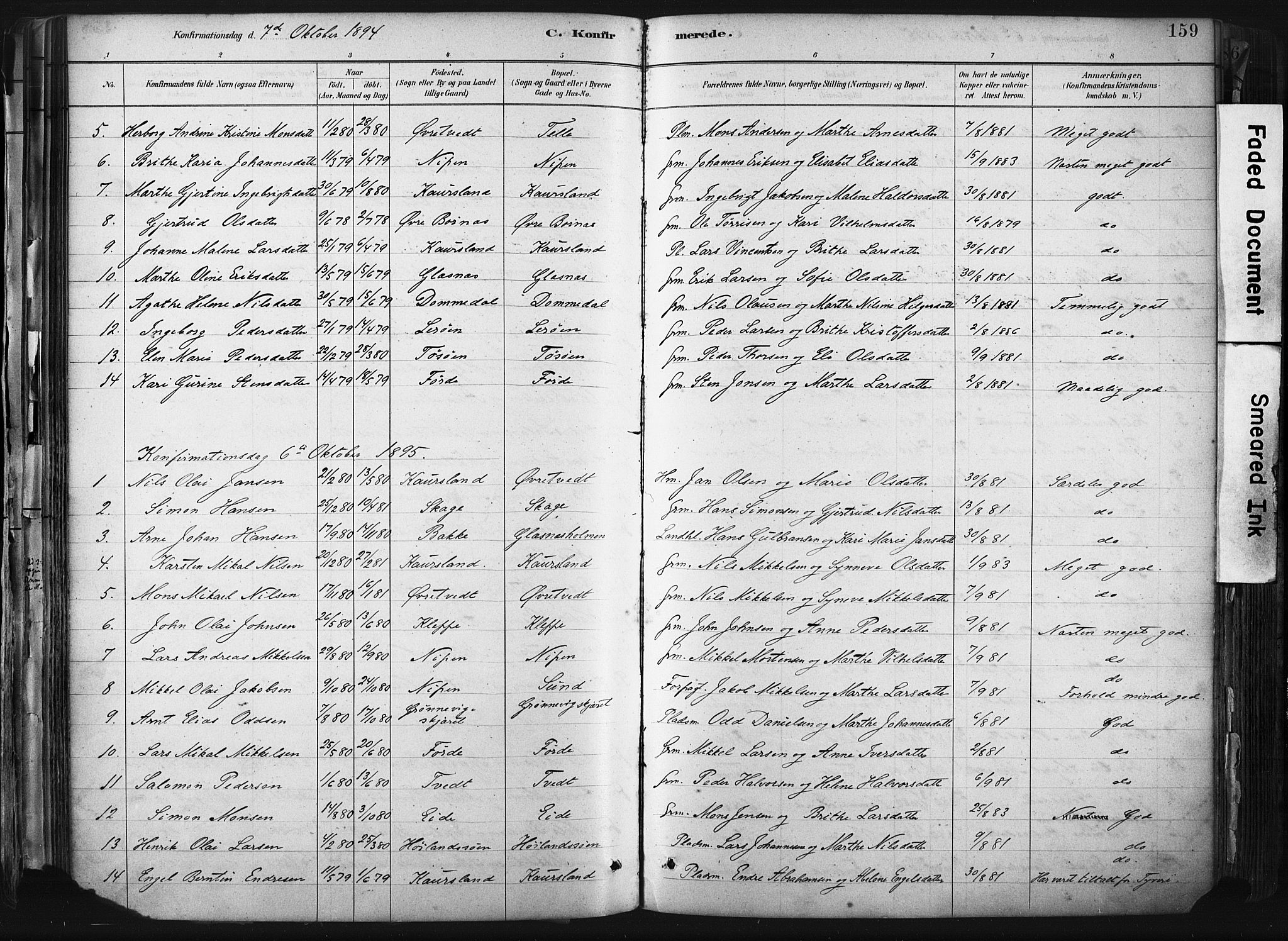 Sund sokneprestembete, SAB/A-99930: Parish register (official) no. B 1, 1882-1907, p. 159