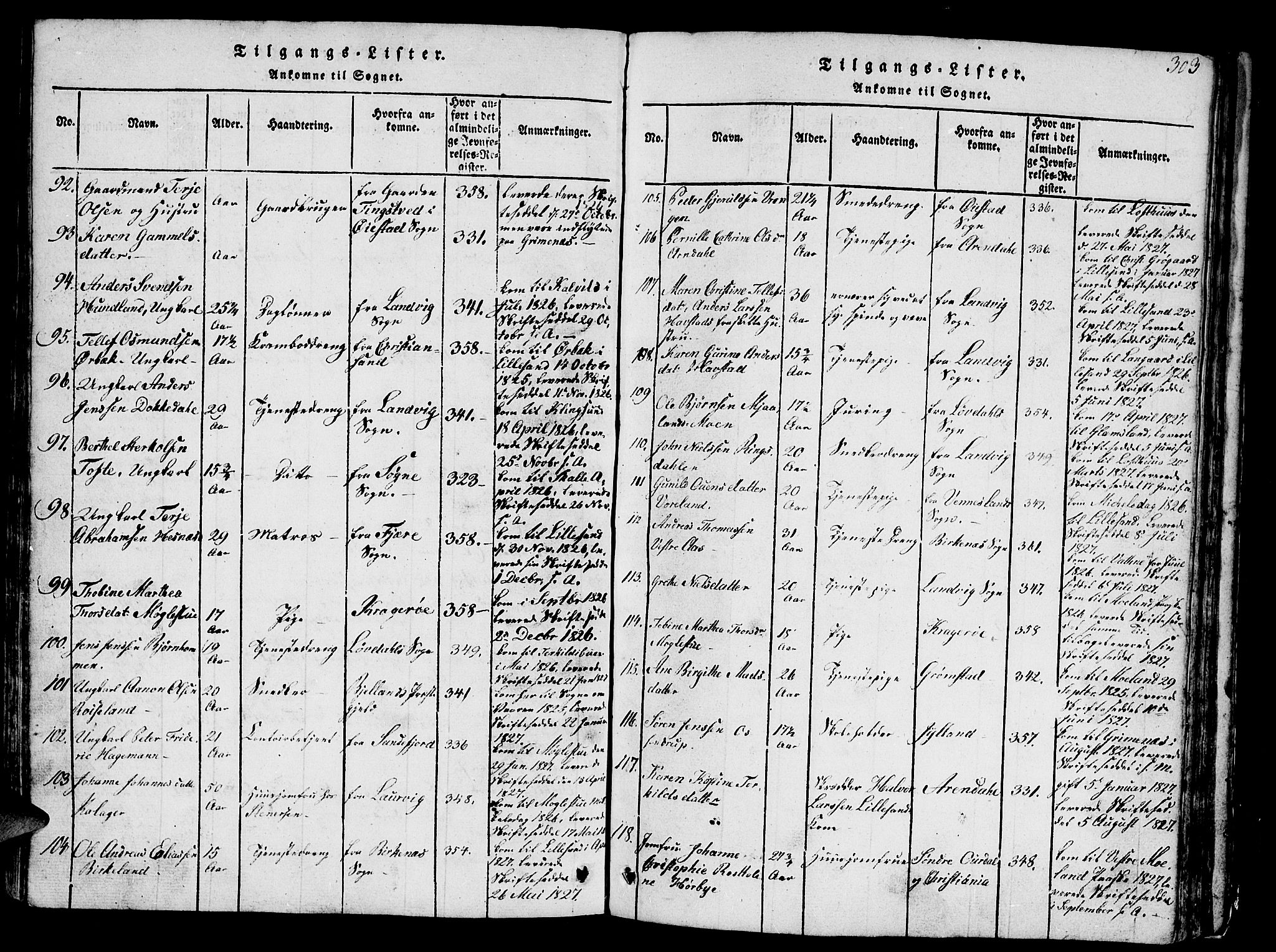Vestre Moland sokneprestkontor, SAK/1111-0046/F/Fb/Fbb/L0001: Parish register (copy) no. B 1, 1816-1851, p. 303