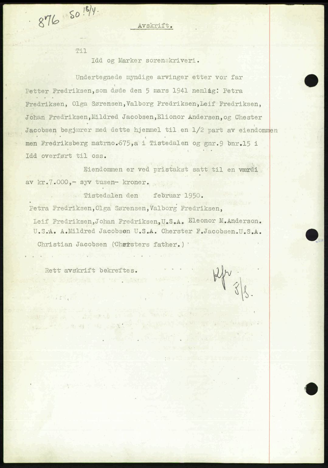 Idd og Marker sorenskriveri, AV/SAO-A-10283/G/Gb/Gbb/L0014: Mortgage book no. A14, 1950-1950, Diary no: : 876/1950