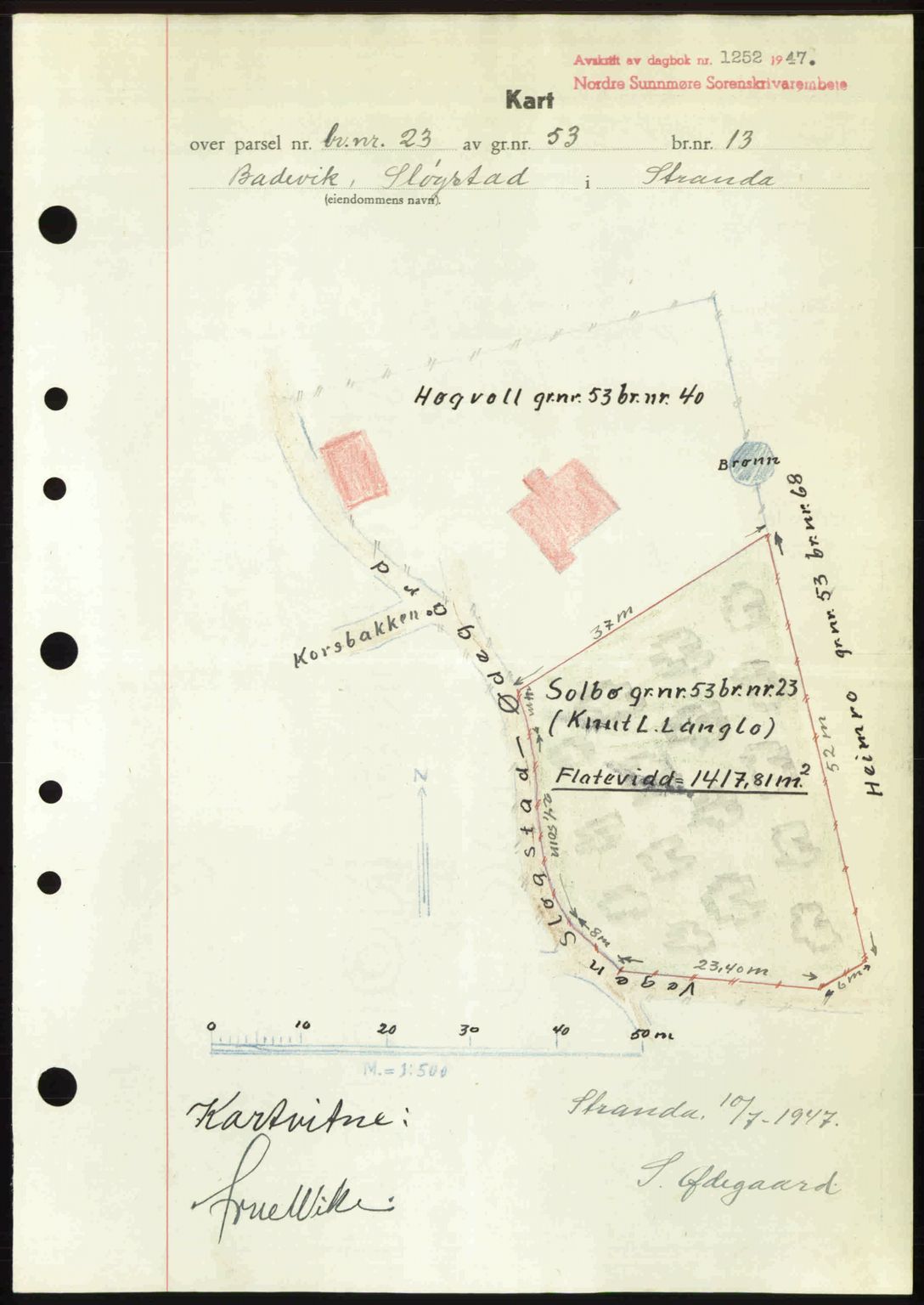 Nordre Sunnmøre sorenskriveri, AV/SAT-A-0006/1/2/2C/2Ca: Mortgage book no. A25, 1947-1947, Diary no: : 1252/1947