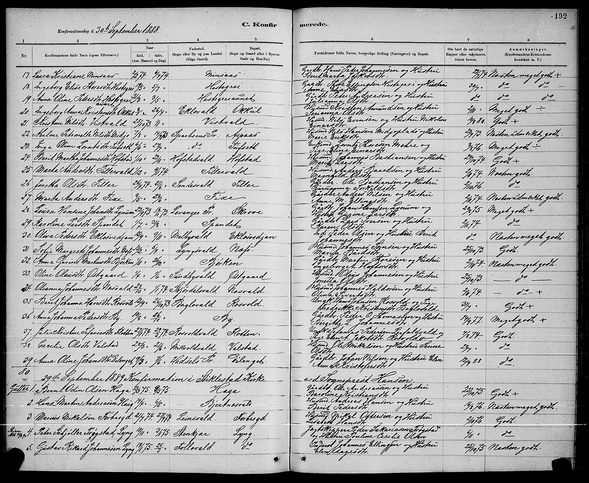 Ministerialprotokoller, klokkerbøker og fødselsregistre - Nord-Trøndelag, SAT/A-1458/723/L0256: Parish register (copy) no. 723C04, 1879-1890, p. 192