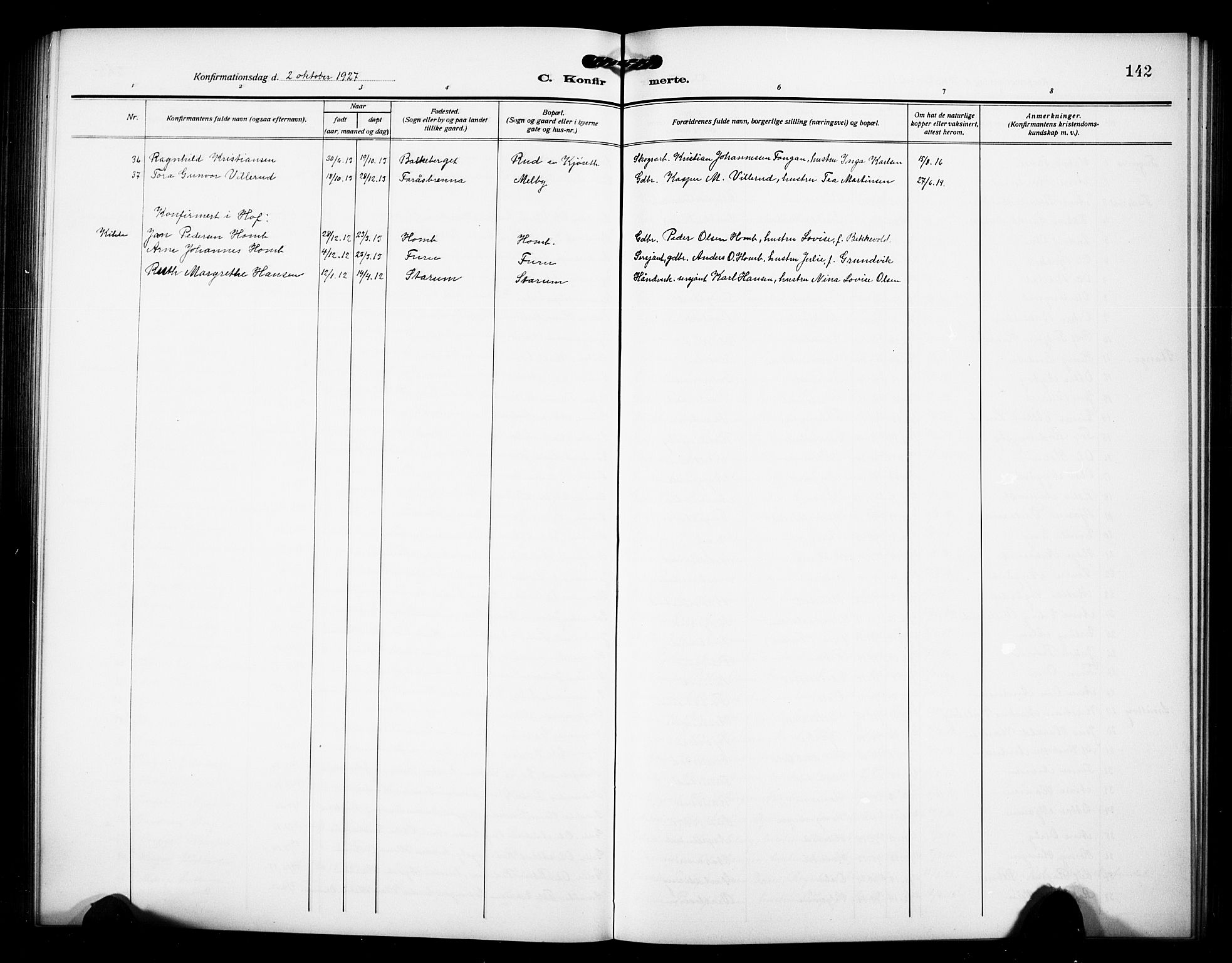 Østre Toten prestekontor, SAH/PREST-104/H/Ha/Hab/L0008: Parish register (copy) no. 8, 1913-1929, p. 142