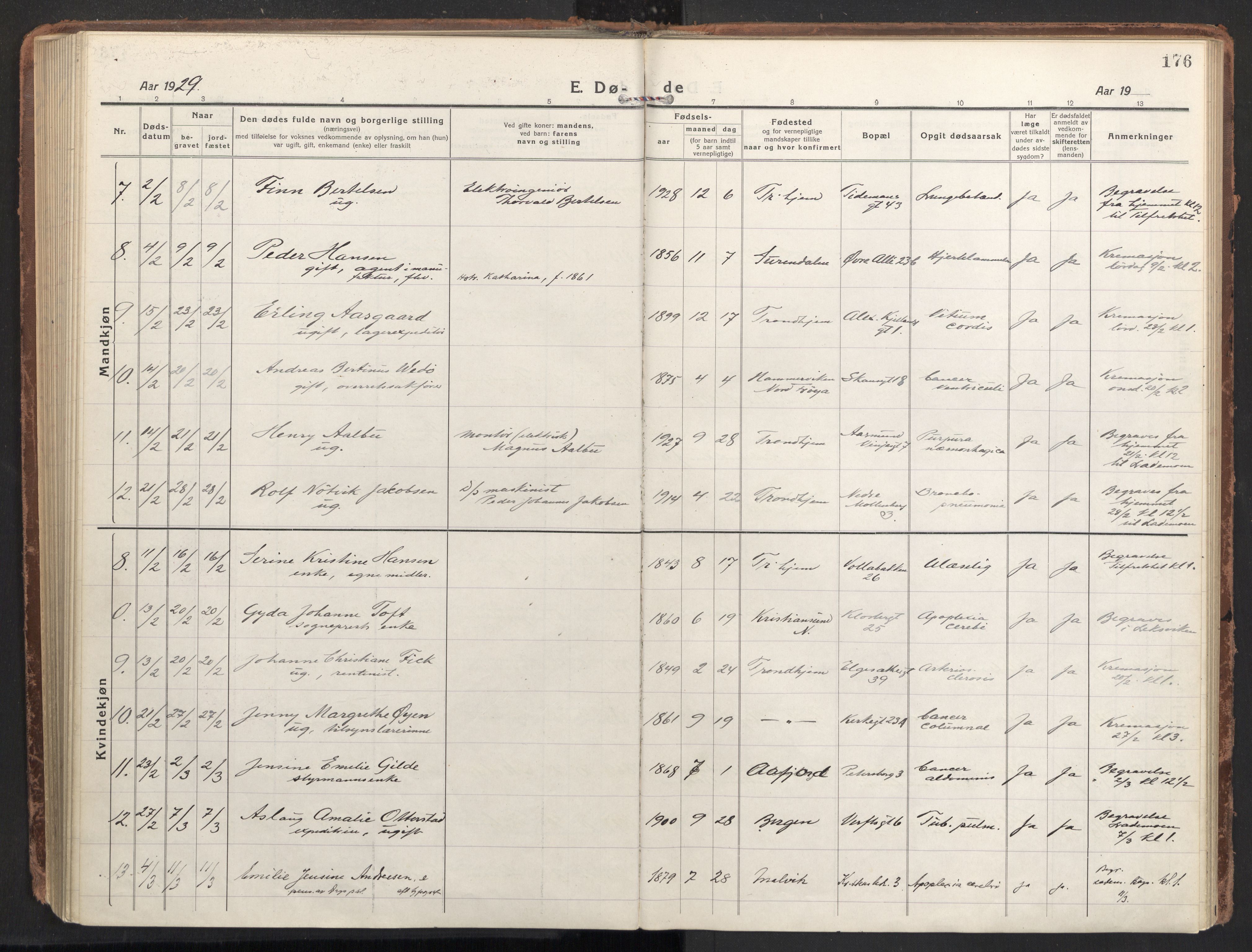 Ministerialprotokoller, klokkerbøker og fødselsregistre - Sør-Trøndelag, SAT/A-1456/604/L0207: Parish register (official) no. 604A27, 1917-1933, p. 176