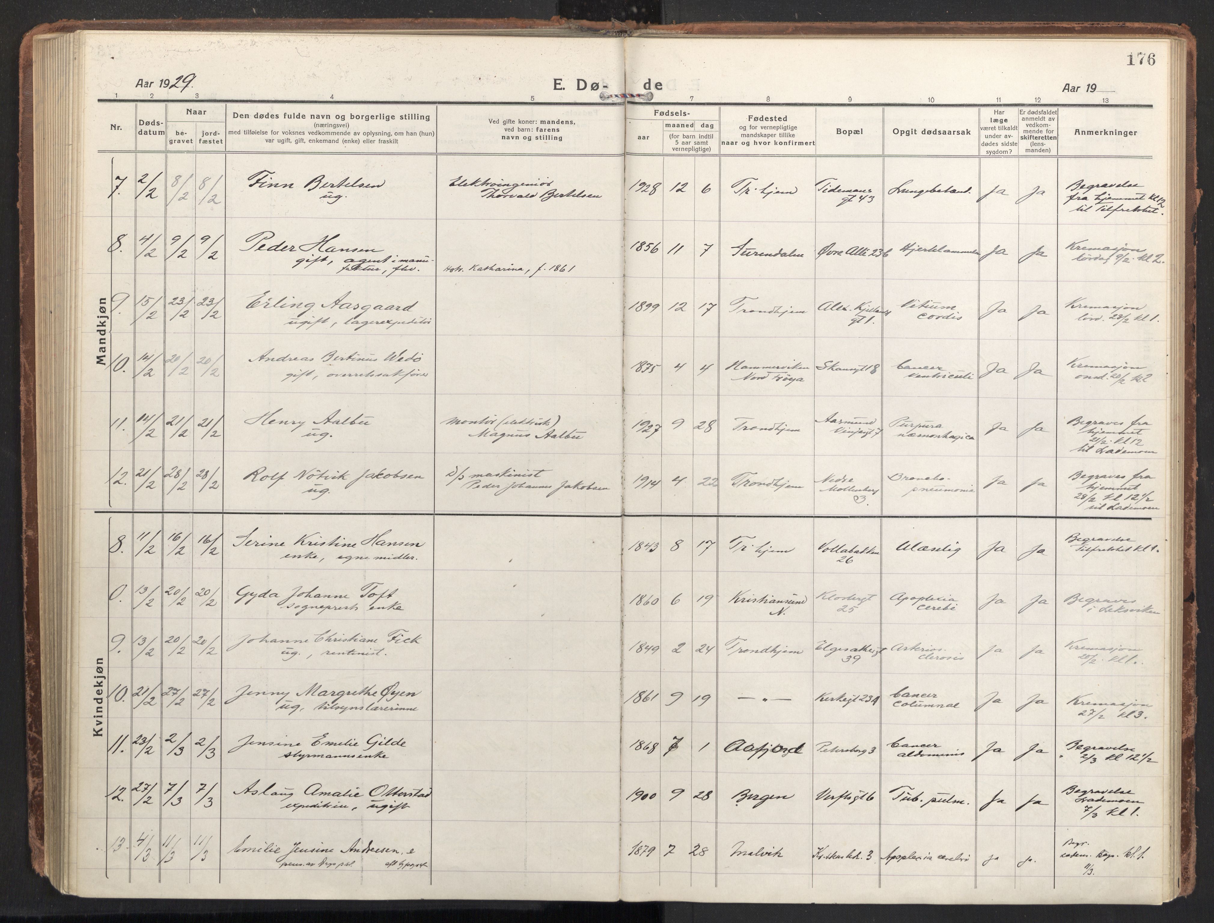 Ministerialprotokoller, klokkerbøker og fødselsregistre - Sør-Trøndelag, AV/SAT-A-1456/604/L0207: Parish register (official) no. 604A27, 1917-1933, p. 176