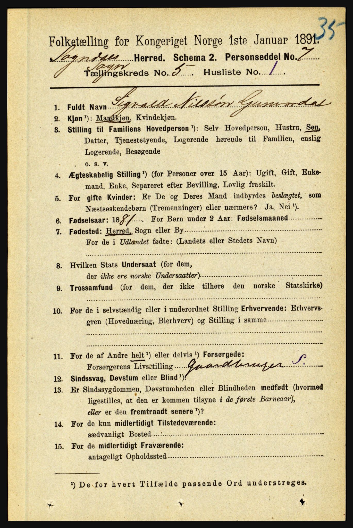 RA, 1891 census for 1420 Sogndal, 1891, p. 2309