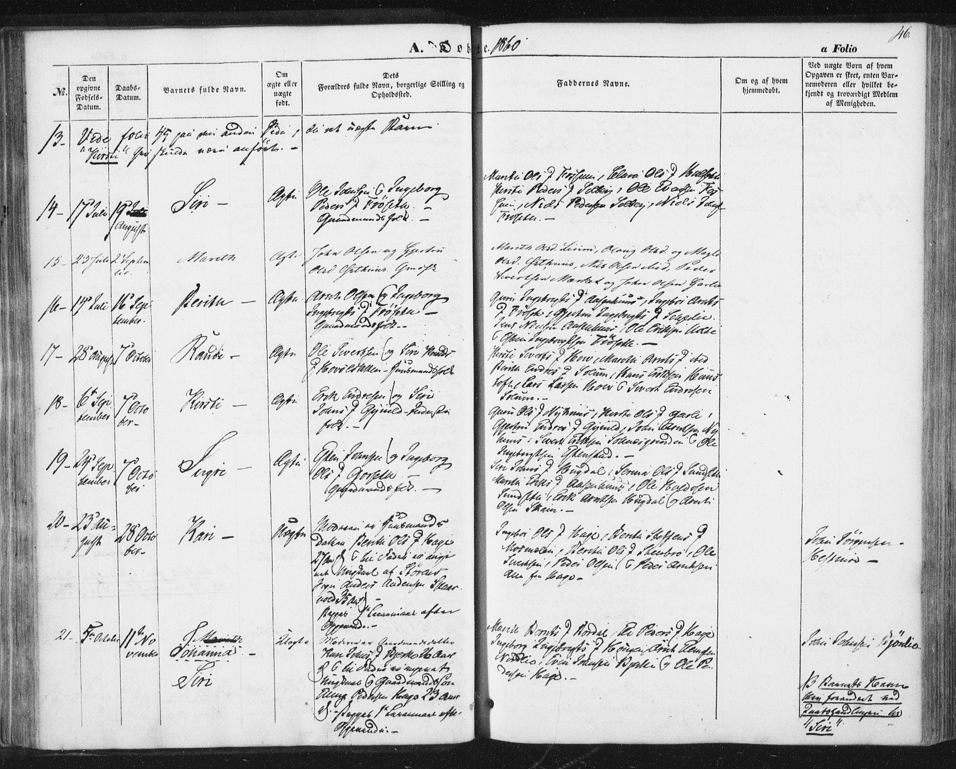Ministerialprotokoller, klokkerbøker og fødselsregistre - Sør-Trøndelag, AV/SAT-A-1456/689/L1038: Parish register (official) no. 689A03, 1848-1872, p. 46