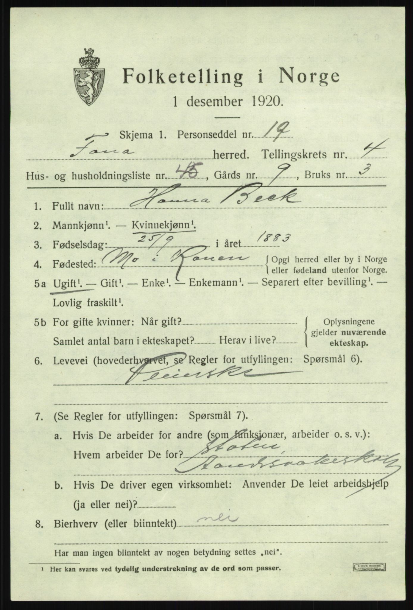 SAB, 1920 census for Fana, 1920, p. 6225