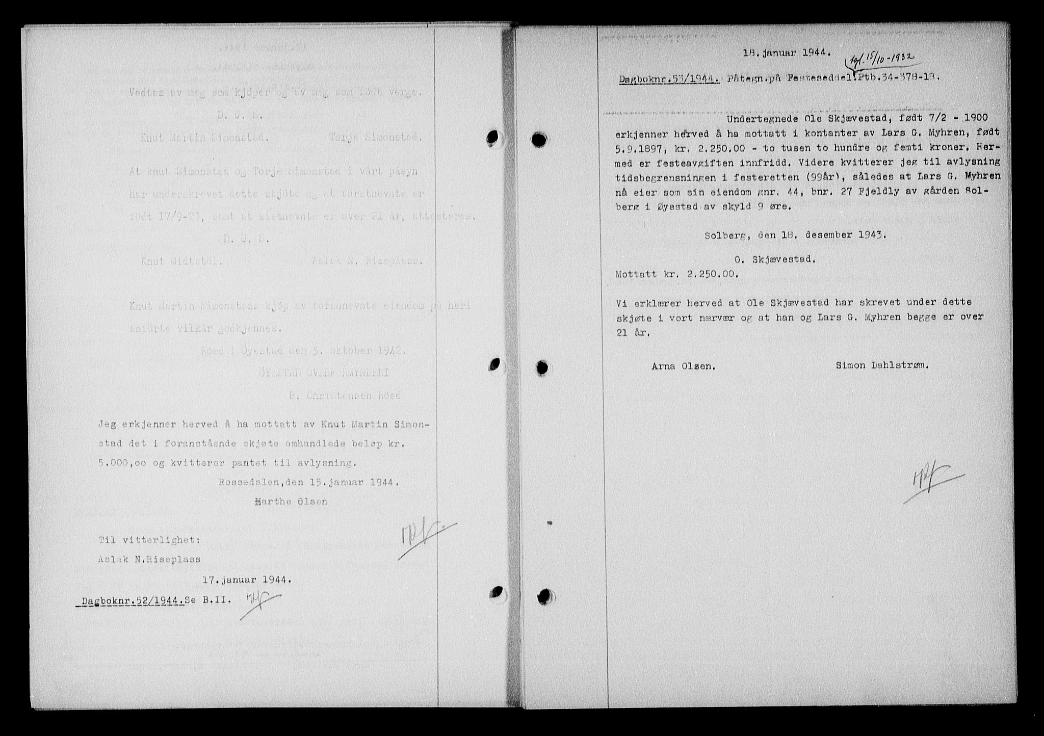 Nedenes sorenskriveri, SAK/1221-0006/G/Gb/Gba/L0051: Mortgage book no. A-V, 1943-1944, Diary no: : 53/1944