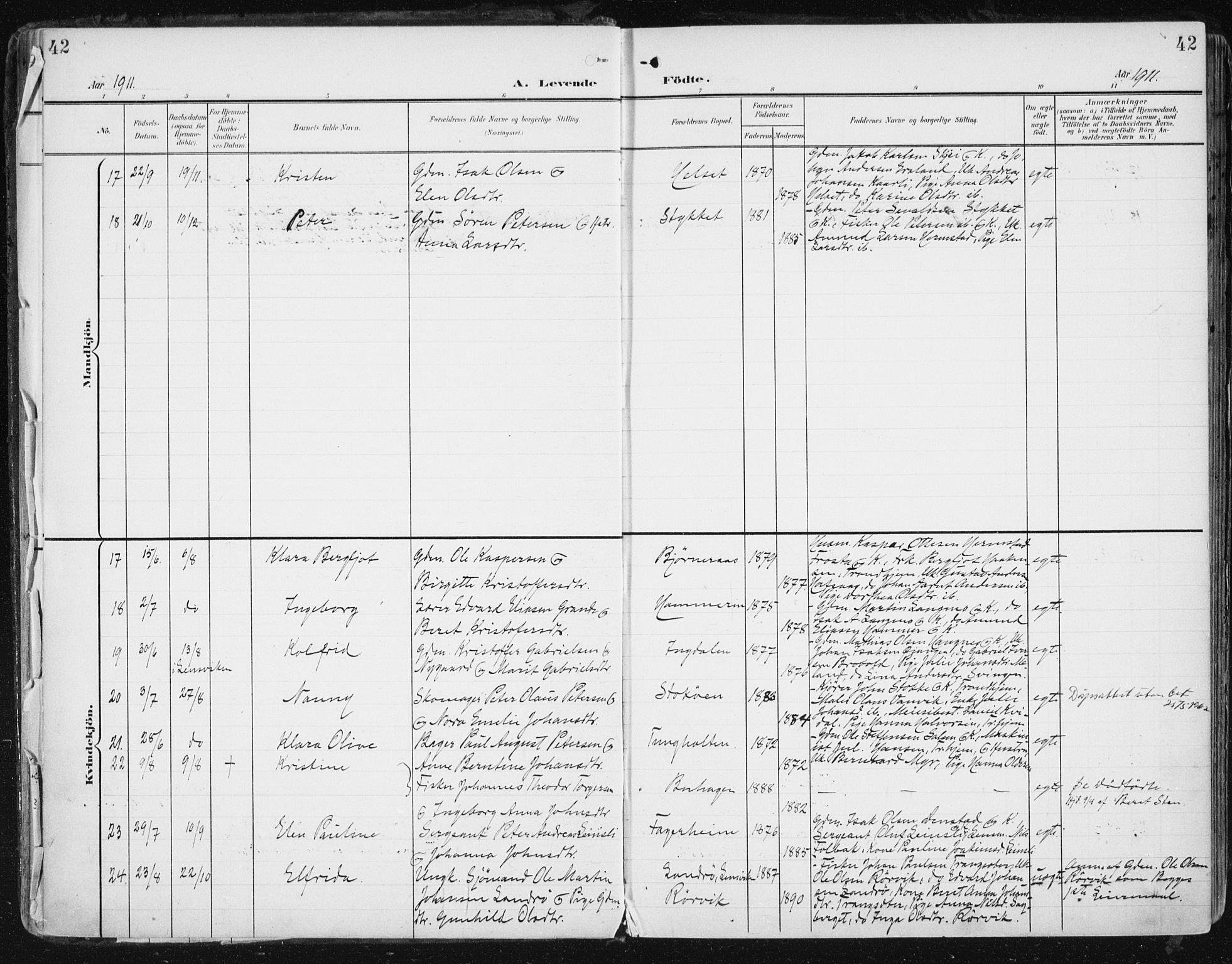 Ministerialprotokoller, klokkerbøker og fødselsregistre - Sør-Trøndelag, AV/SAT-A-1456/646/L0616: Parish register (official) no. 646A14, 1900-1918, p. 42