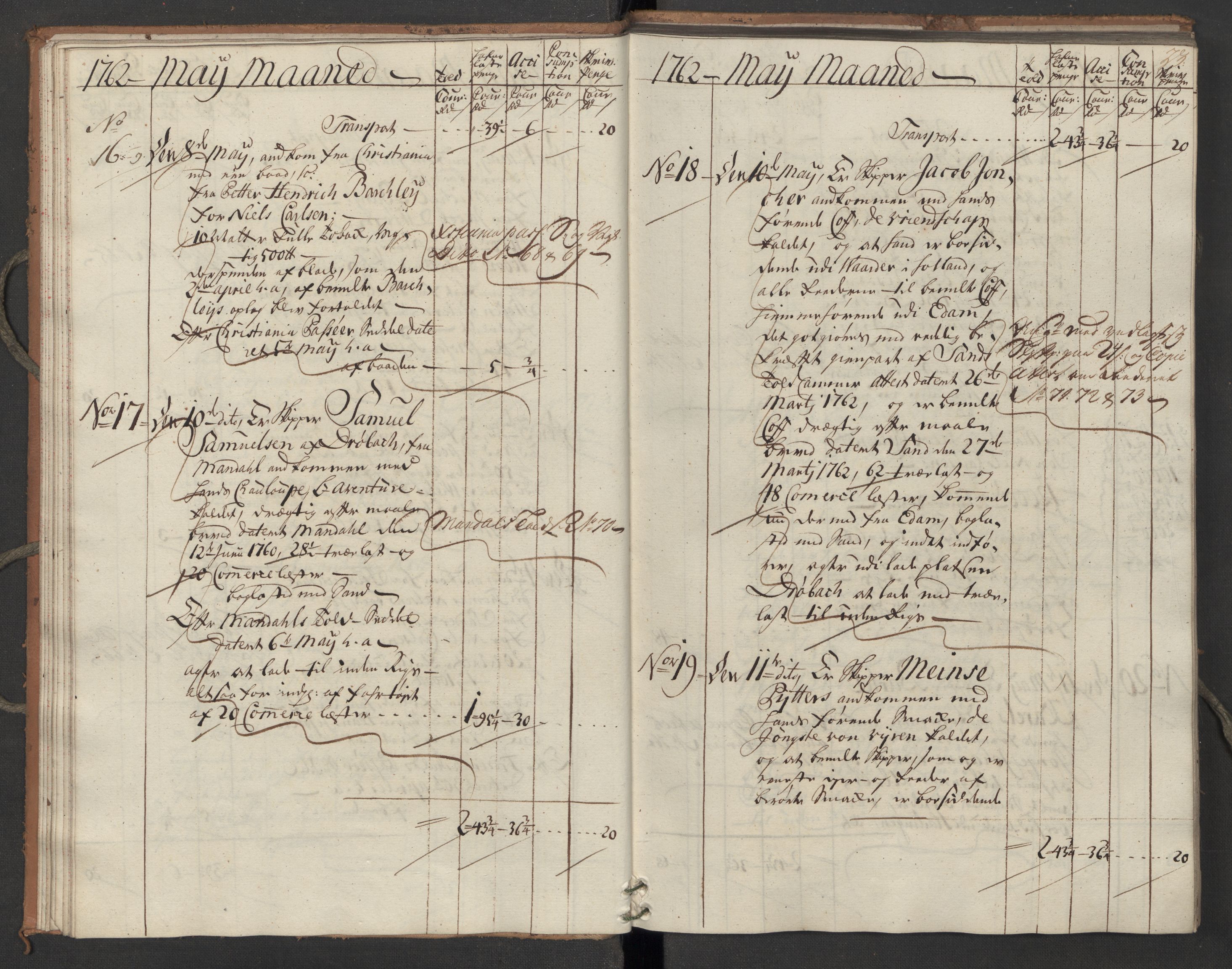 Generaltollkammeret, tollregnskaper, AV/RA-EA-5490/R07/L0022/0001: Tollregnskaper Sand / Inngående hovedtollbok, 1762, p. 22b-23a