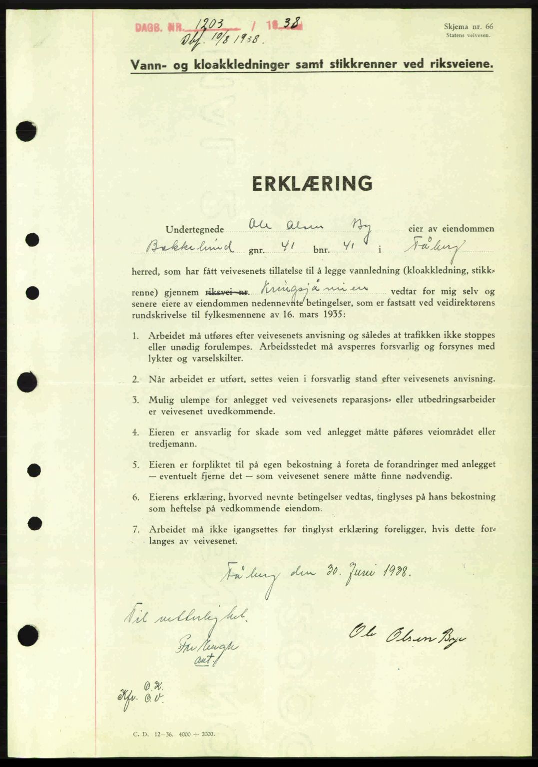 Sør-Gudbrandsdal tingrett, SAH/TING-004/H/Hb/Hbe/L0001: Mortgage book no. B1, 1936-1939, Diary no: : 1203/1938
