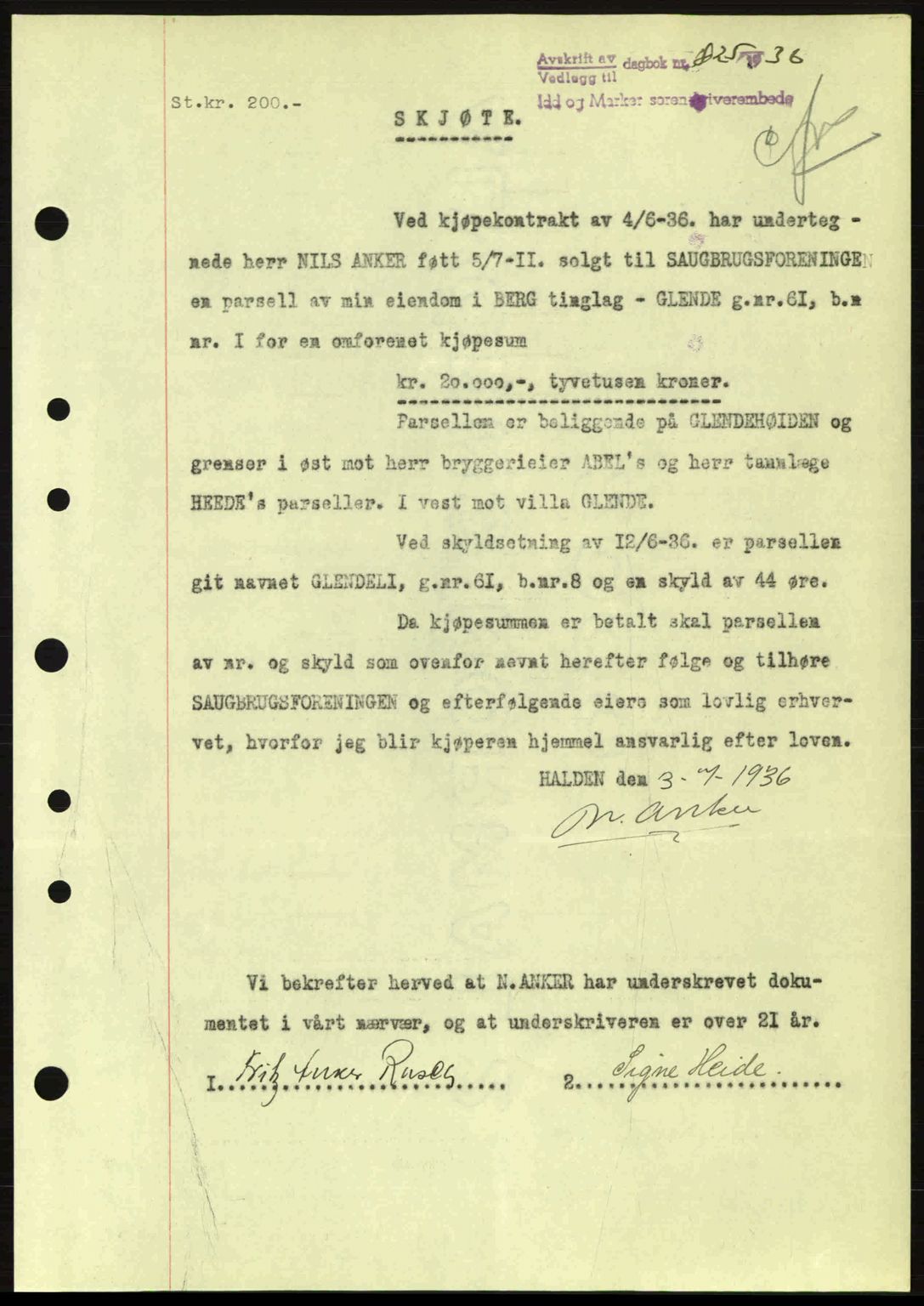 Idd og Marker sorenskriveri, AV/SAO-A-10283/G/Gb/Gbb/L0001: Mortgage book no. A1, 1936-1937, Diary no: : 825/1936