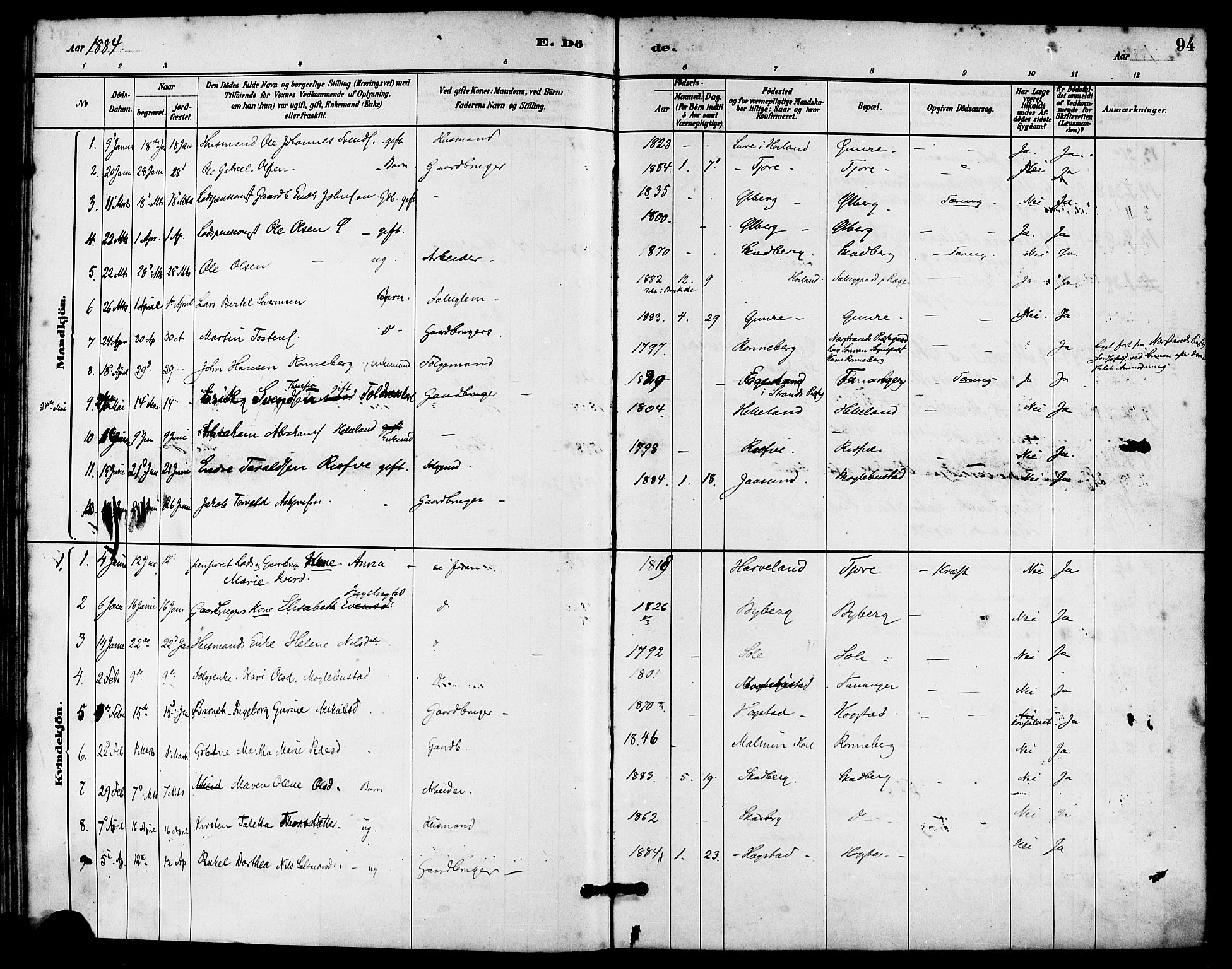 Håland sokneprestkontor, SAST/A-101802/001/30BA/L0010: Parish register (official) no. A 9, 1883-1888, p. 94
