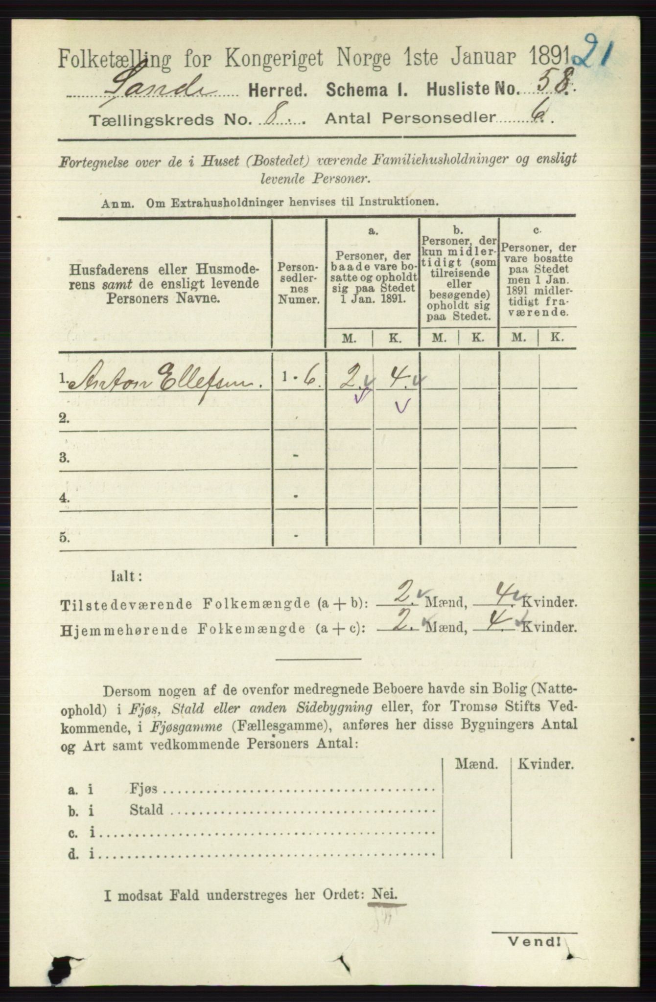 RA, 1891 census for 0713 Sande, 1891, p. 3523